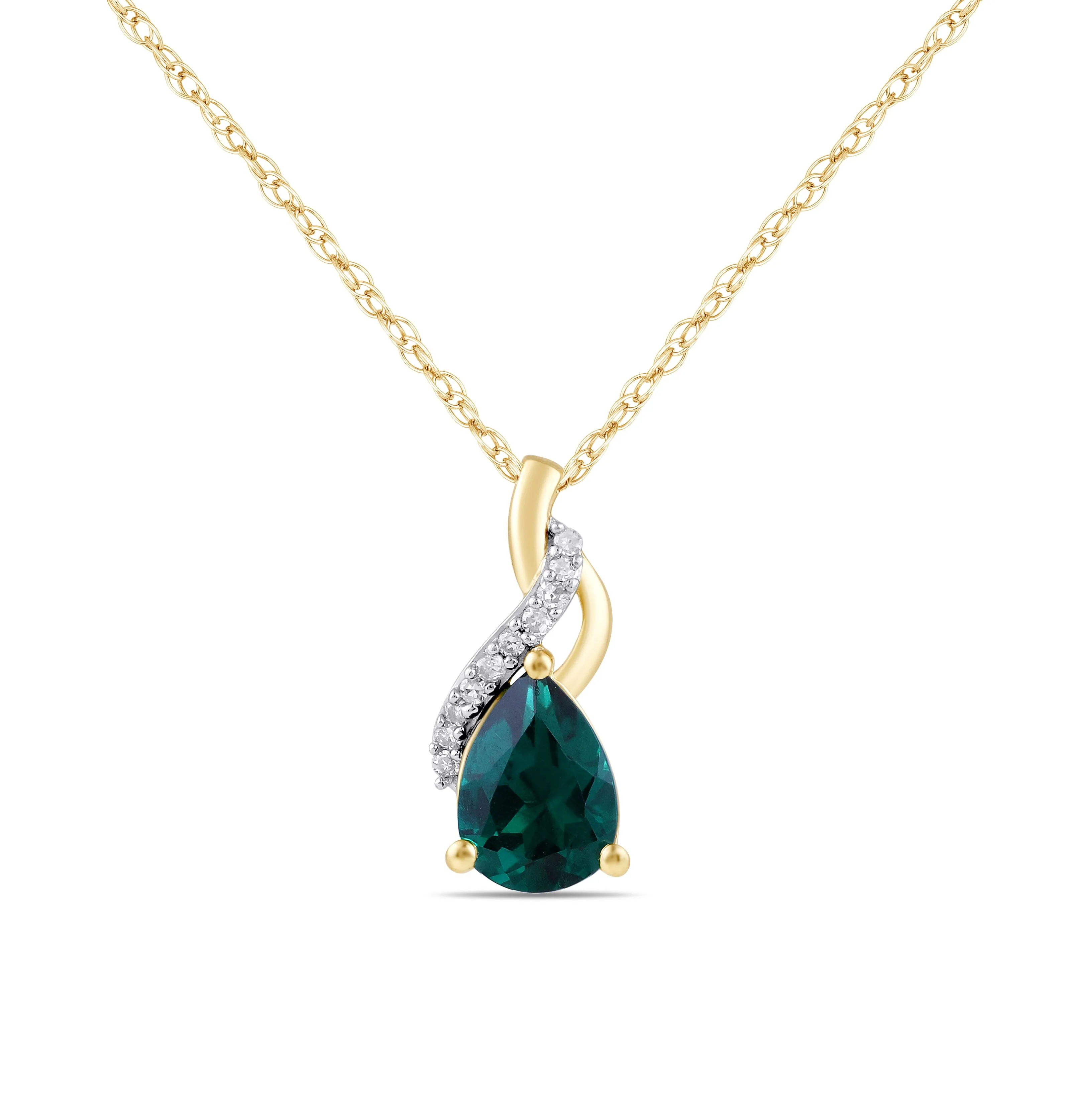 Pear Created Emerald Swirl Diamond Set Necklace in 9ct Yellow Gold