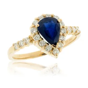 Pear-Shaped Blue Sapphire and Diamond Halo Ring