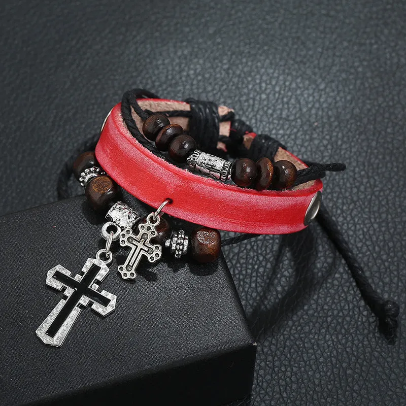 Personalized Beaded Multi-Layer Cattle Leather Bracelet Simple European and American Style Vintage Ornament Couple Leather Bracelet