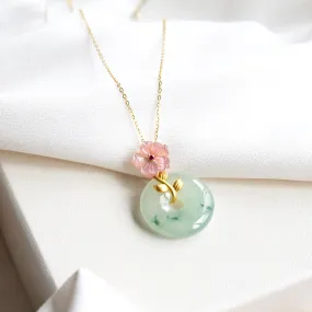 Pink Mother of Pearl Flower Ruby & Jade 18K Gold Necklace