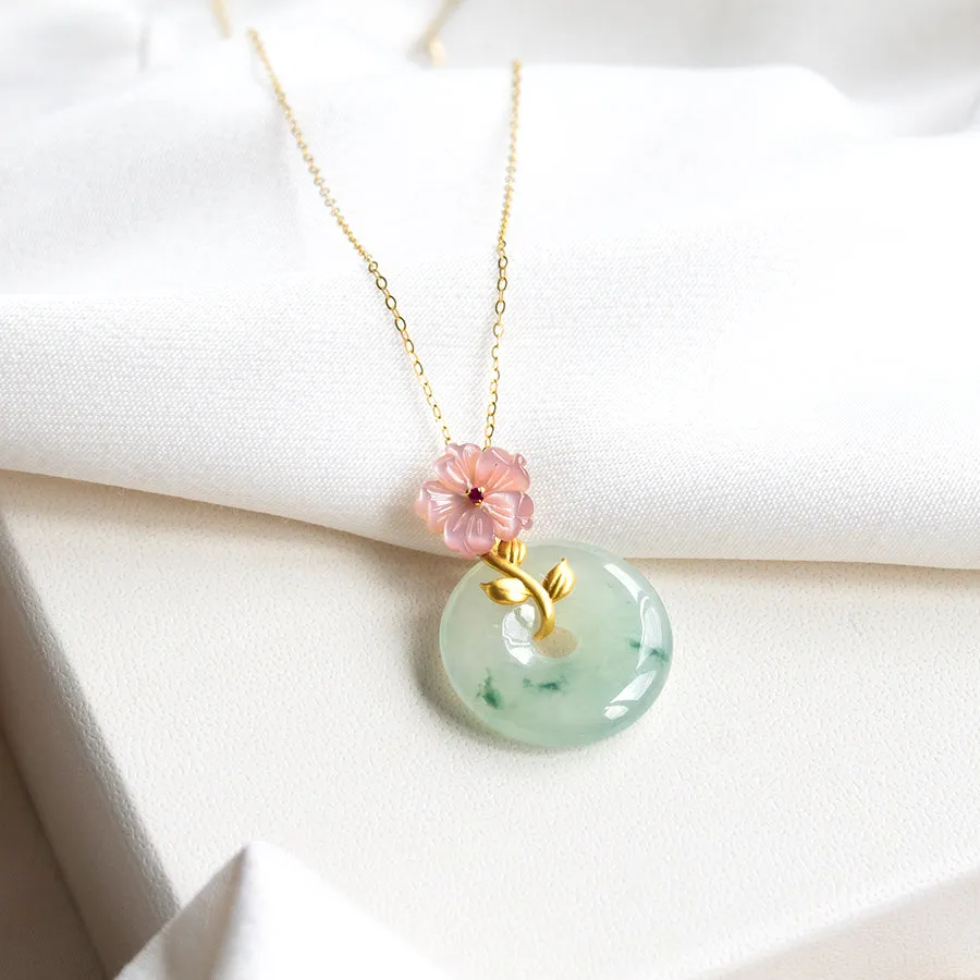 Pink Mother of Pearl Flower Ruby & Jade 18K Gold Necklace