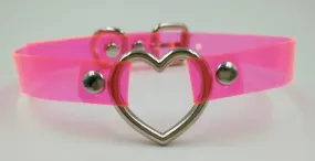 Pink PVC Transparent Collar w/ Silver Heart Shaped O Ring Detail