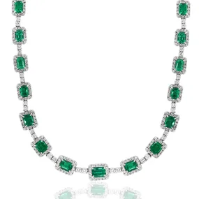 PLATINUM EMERALD-CUT EMERALD DIAMOND TENNIS NECKLACE