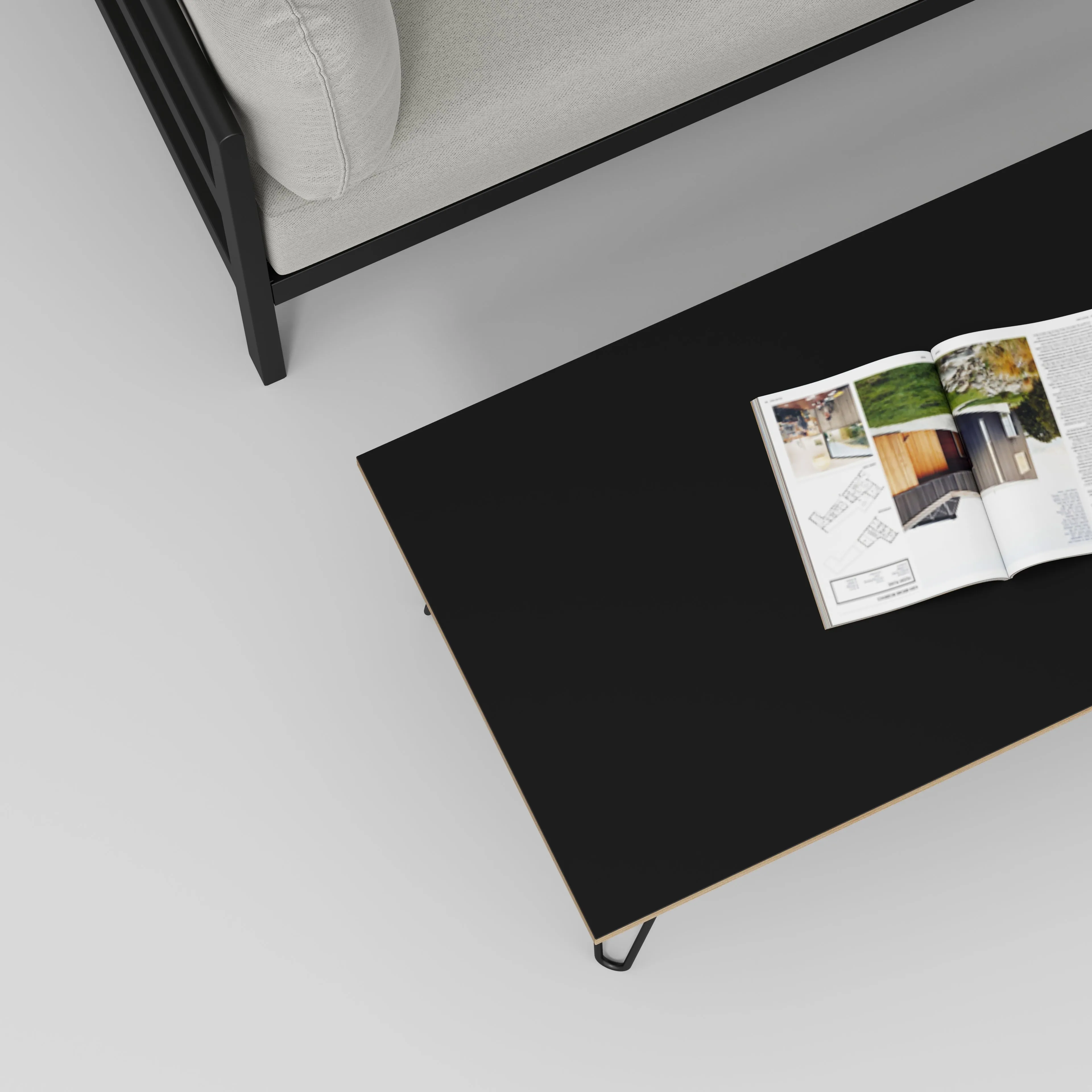 Plywood Coffee Table with Black Hairpin Legs - Formica Diamond Black - 1200(w) x 600(d) x 425(h)