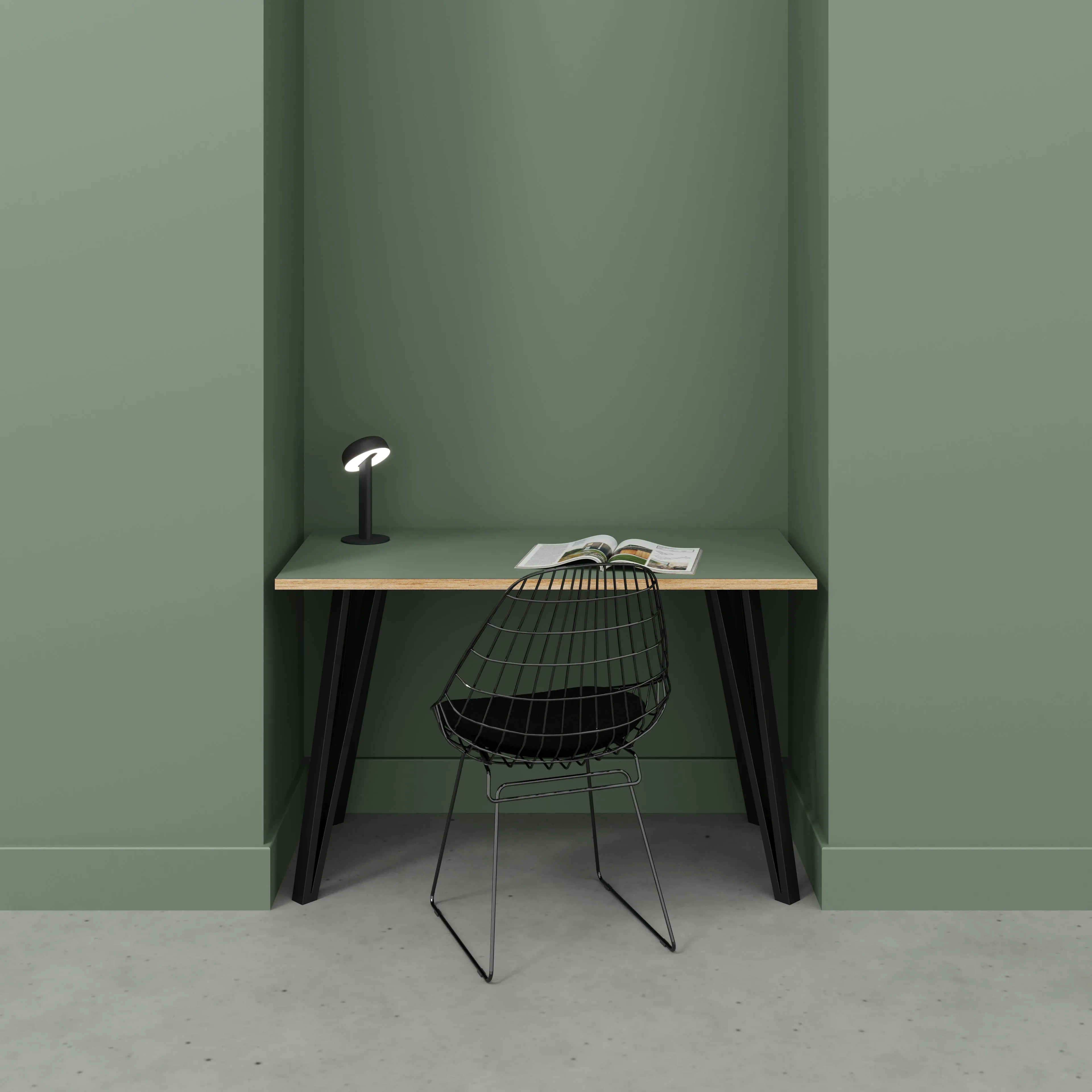 Plywood Desk with Black Box Hairpin Legs - Formica Green Slate - 1200(w) x 600(d) x 735(h)