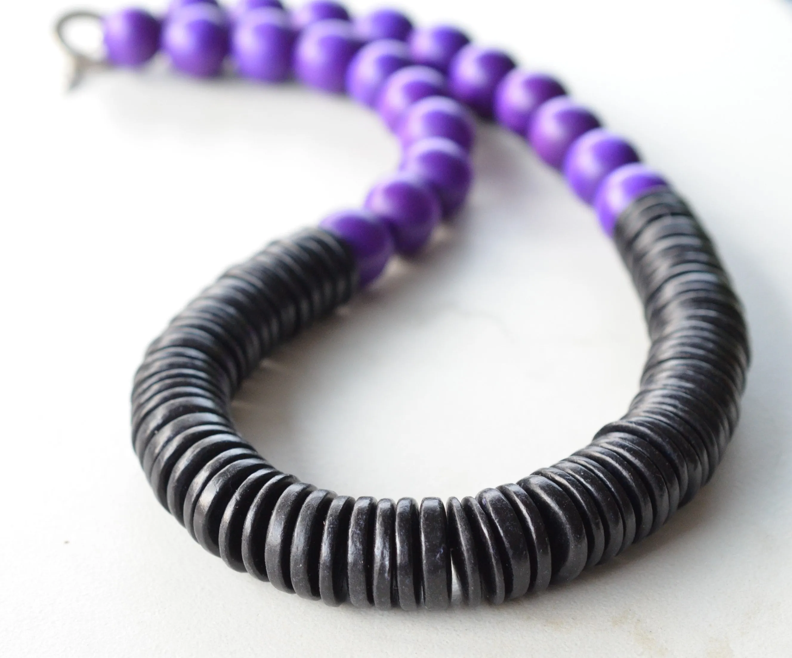 Purple Black Chunky Wood Long Boho Beaded Statement Necklace - Elena