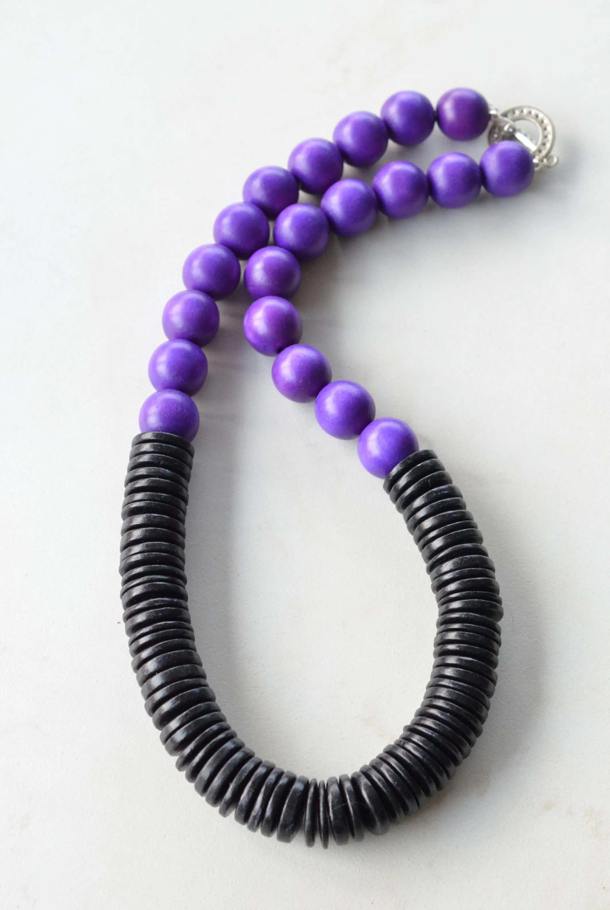 Purple Black Chunky Wood Long Boho Beaded Statement Necklace - Elena