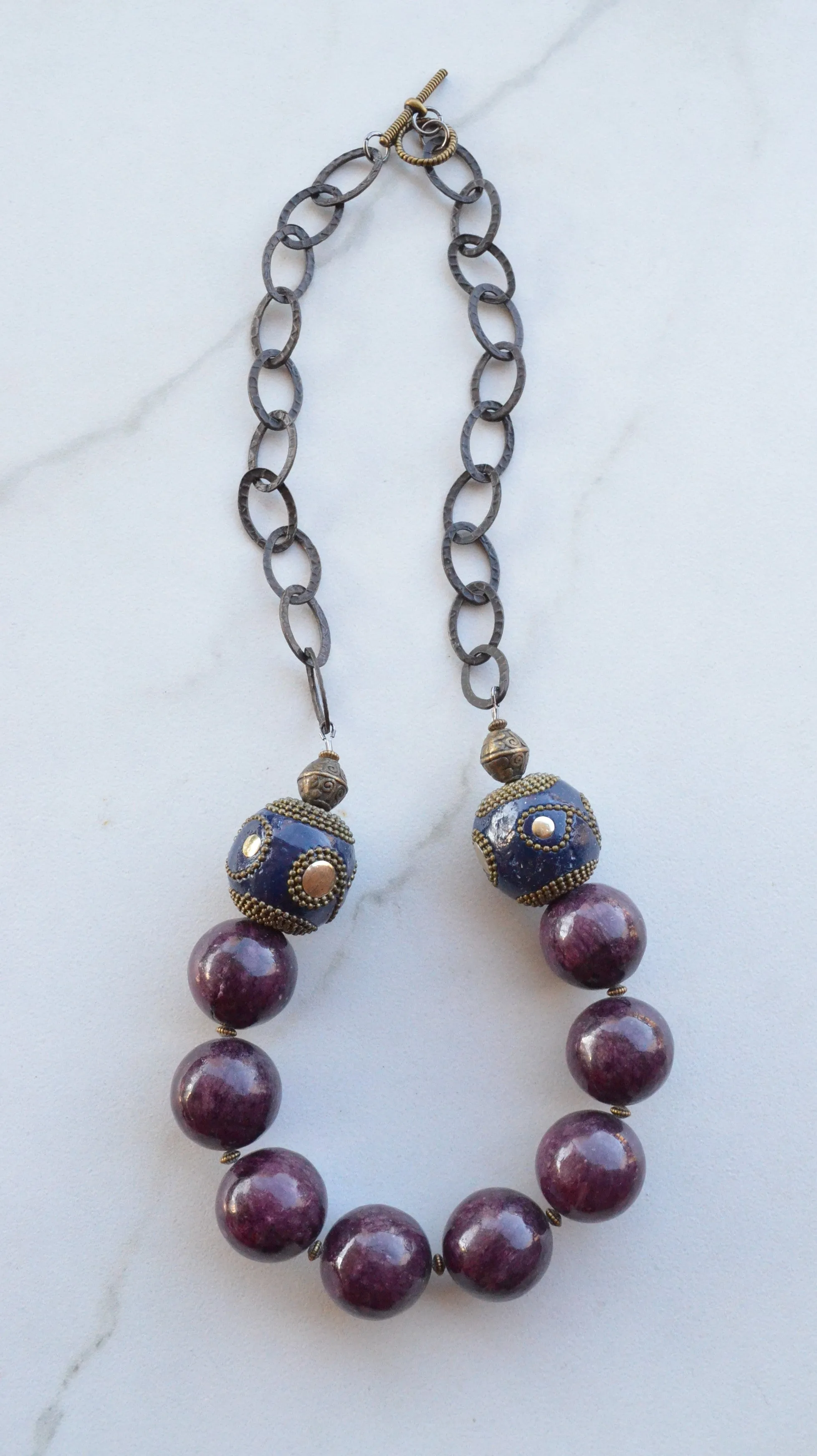 Purple Blue Stone Chunky Beaded Brass Chain Womens Statement Necklace