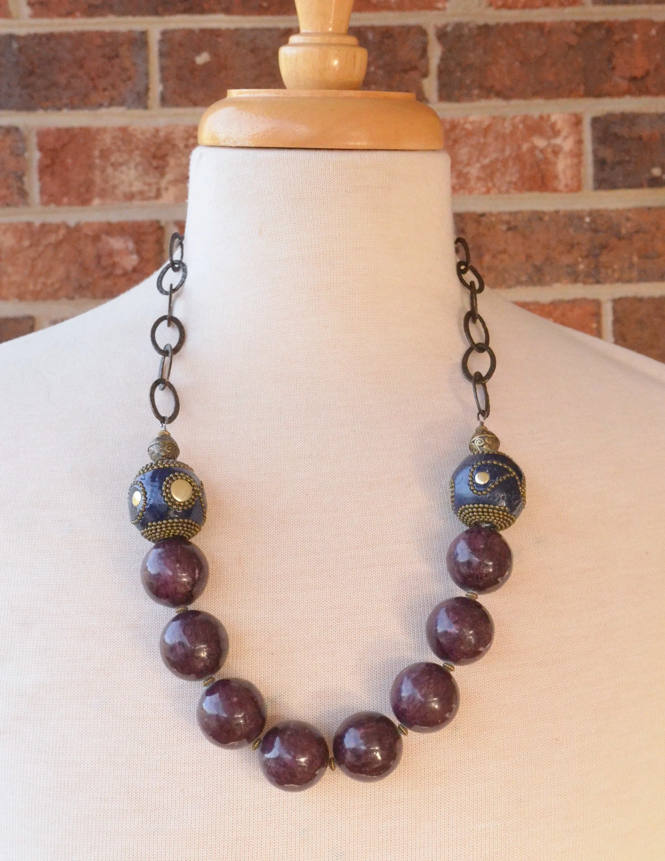 Purple Blue Stone Chunky Beaded Brass Chain Womens Statement Necklace