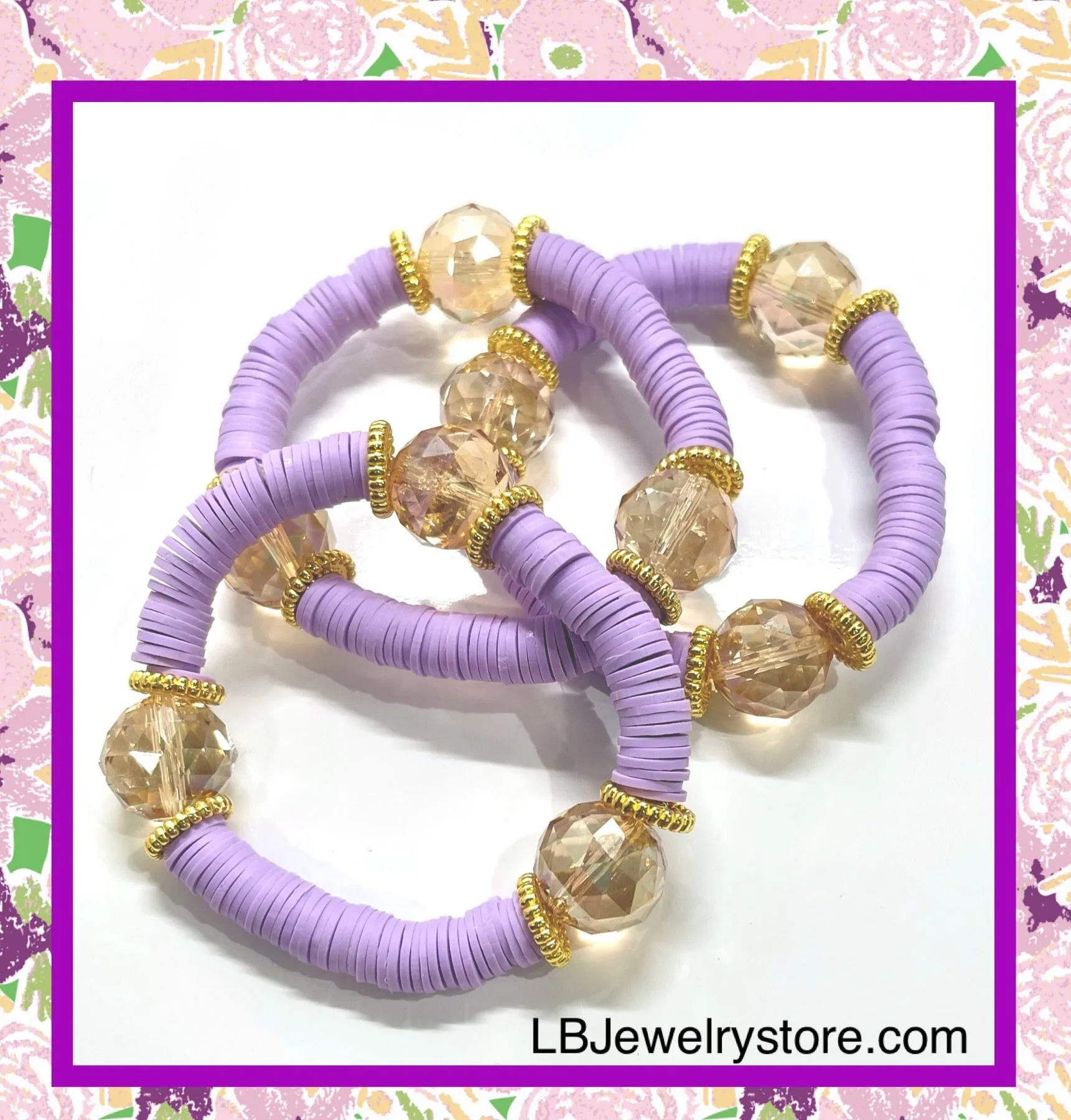 Purple Heishi Polymer Bracelet with Swarovski Crystals