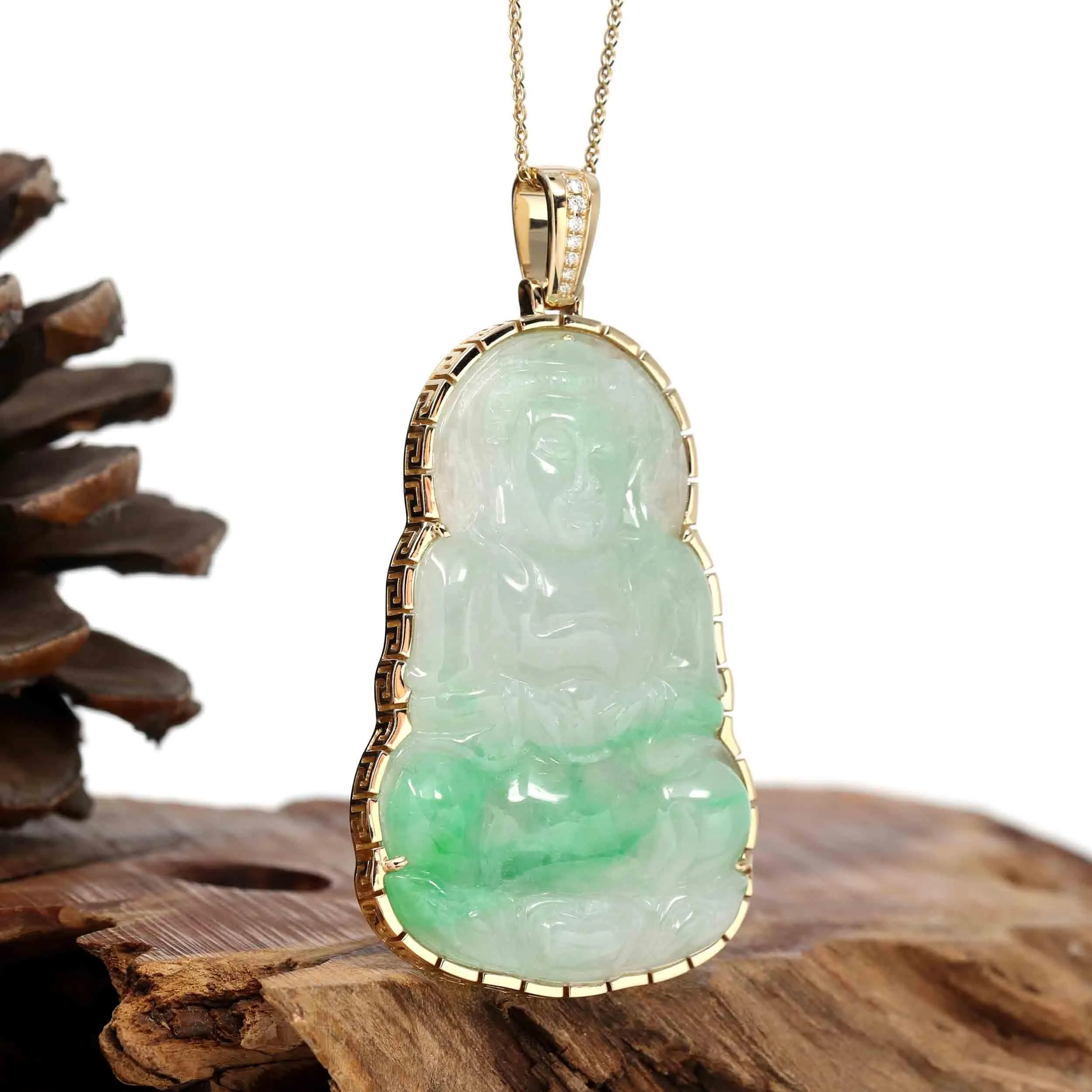 "Goddess of Compassion" 14k Yellow Gold Genuine Burmese Jadeite Jade Guanyin Necklace With Good Luck Design