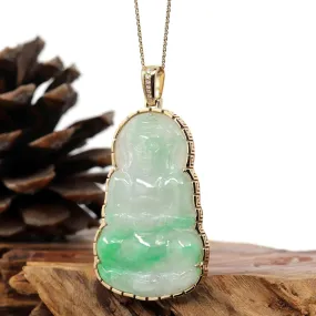 "Goddess of Compassion" 14k Yellow Gold Genuine Burmese Jadeite Jade Guanyin Necklace With Good Luck Design