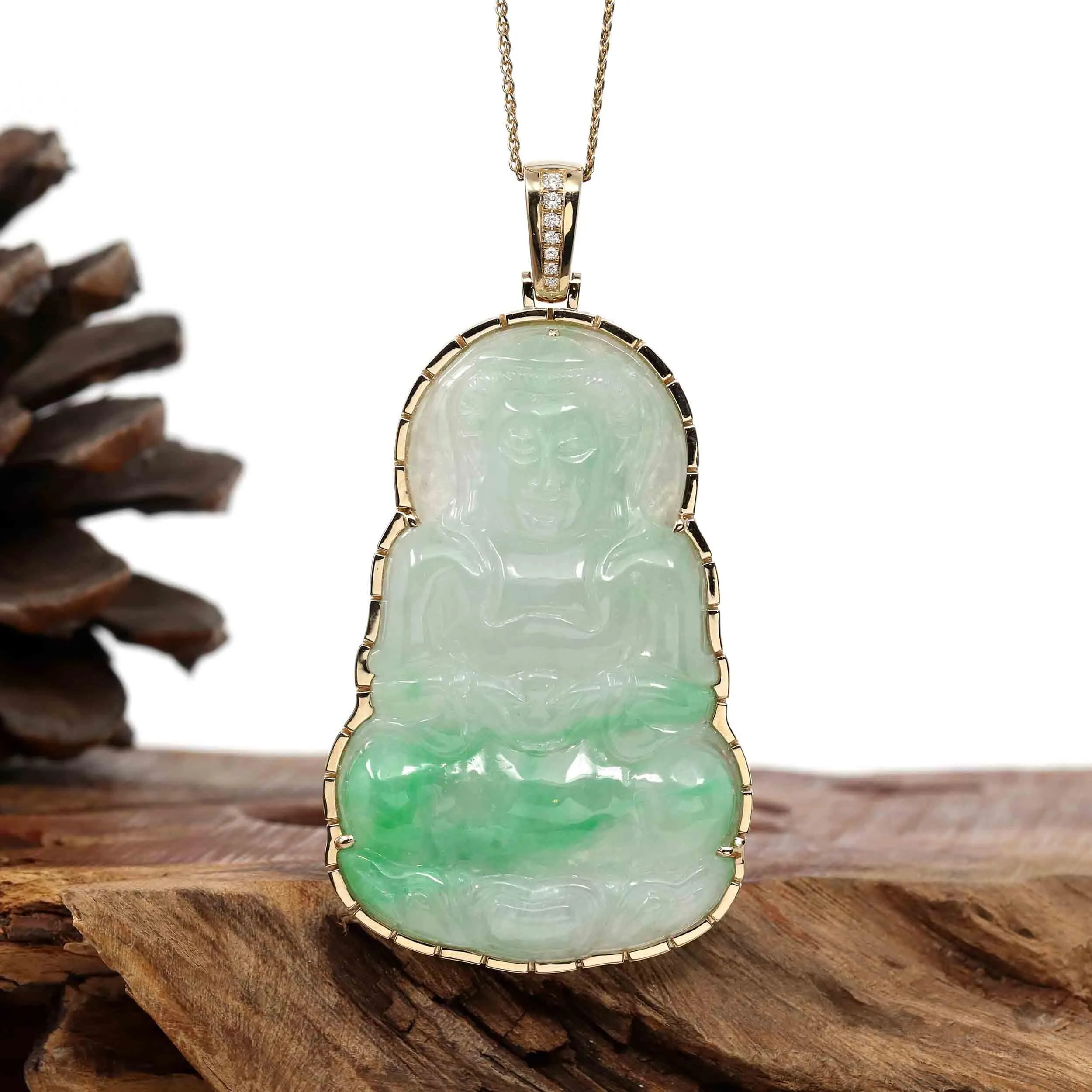 "Goddess of Compassion" 14k Yellow Gold Genuine Burmese Jadeite Jade Guanyin Necklace With Good Luck Design