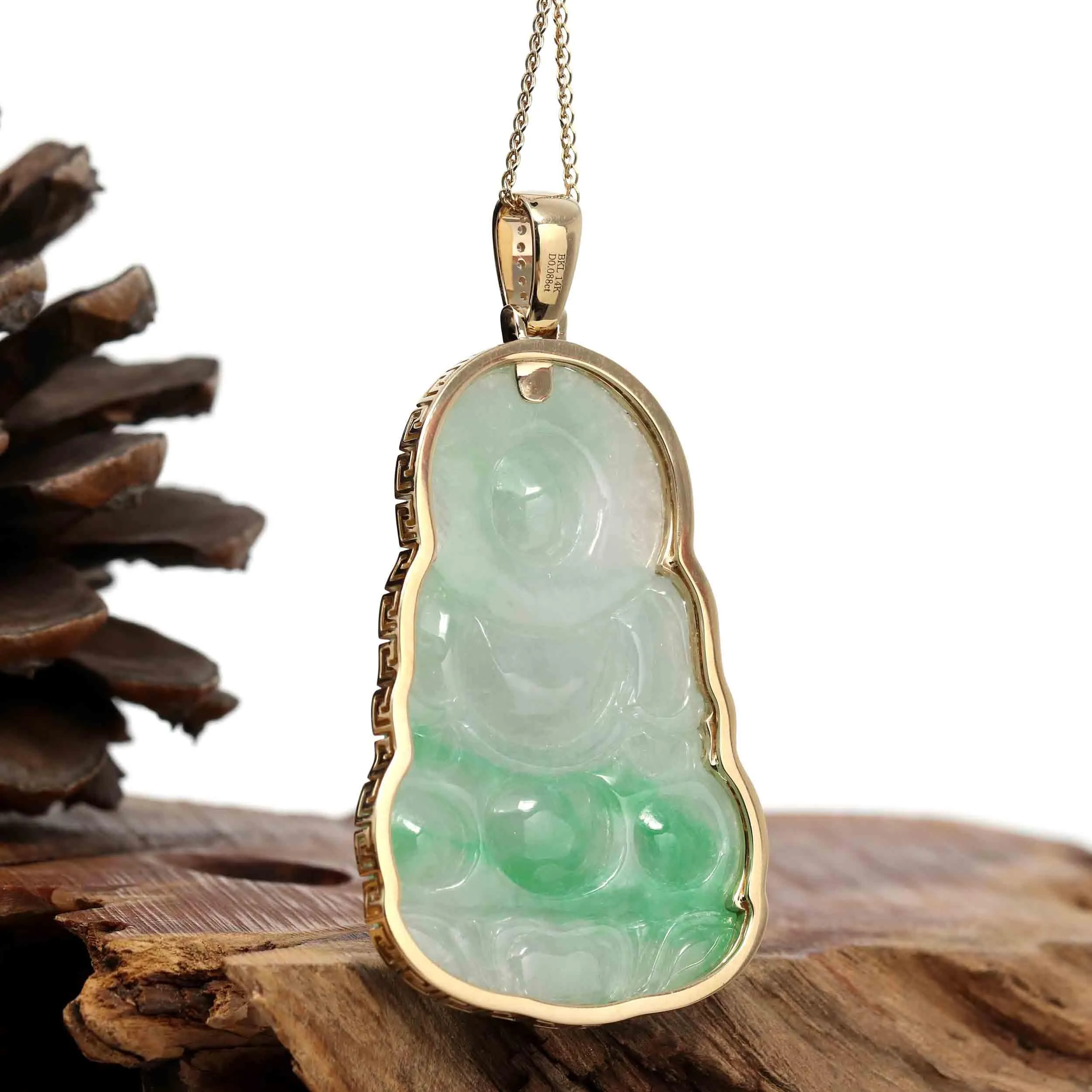 "Goddess of Compassion" 14k Yellow Gold Genuine Burmese Jadeite Jade Guanyin Necklace With Good Luck Design