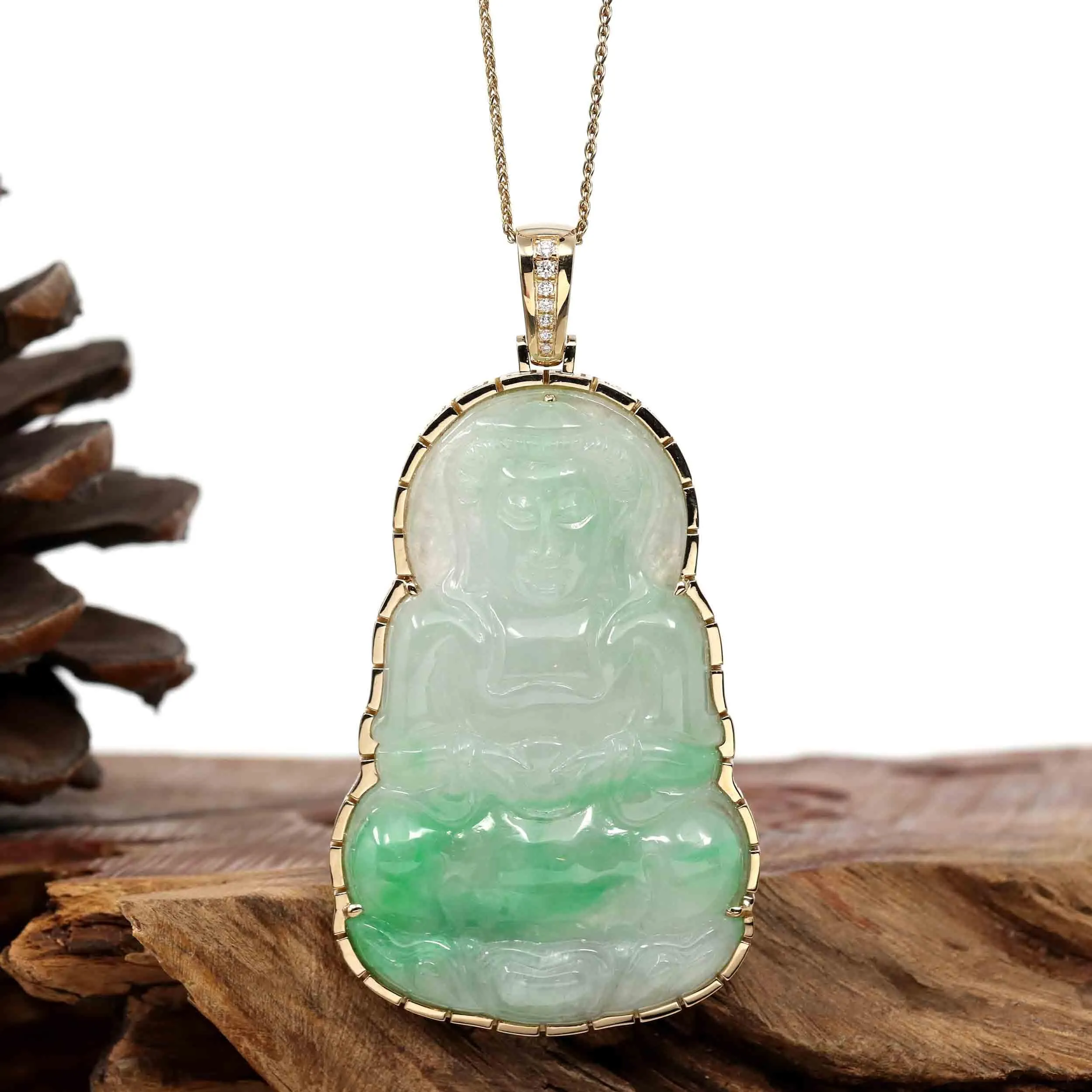 "Goddess of Compassion" 14k Yellow Gold Genuine Burmese Jadeite Jade Guanyin Necklace With Good Luck Design