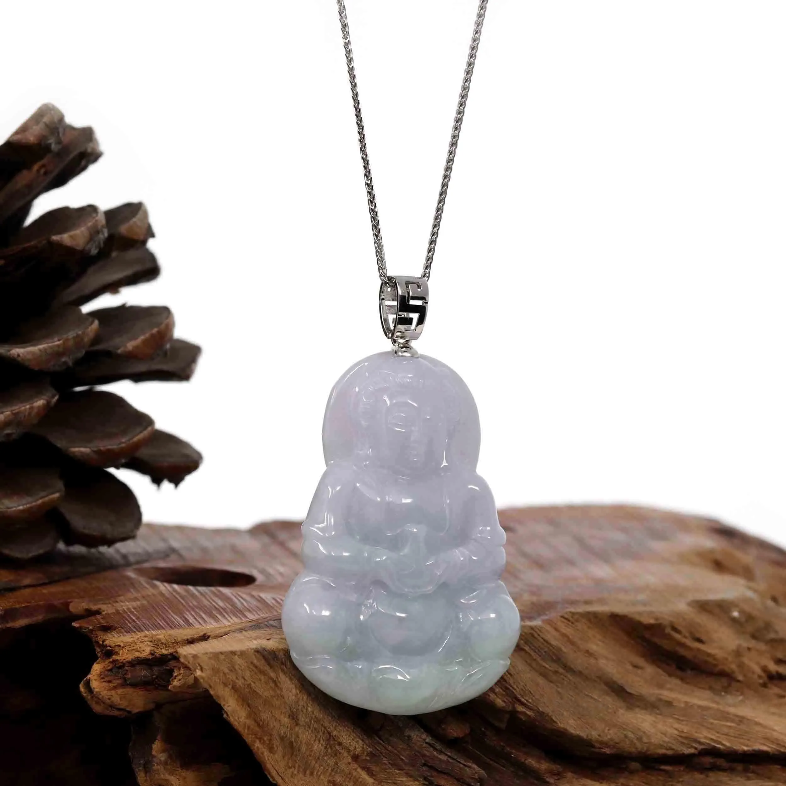 "Goddess of Compassion" Sterling Silver Genuine Burmese Jadeite Jade Guanyin Necklace With Good Luck Design