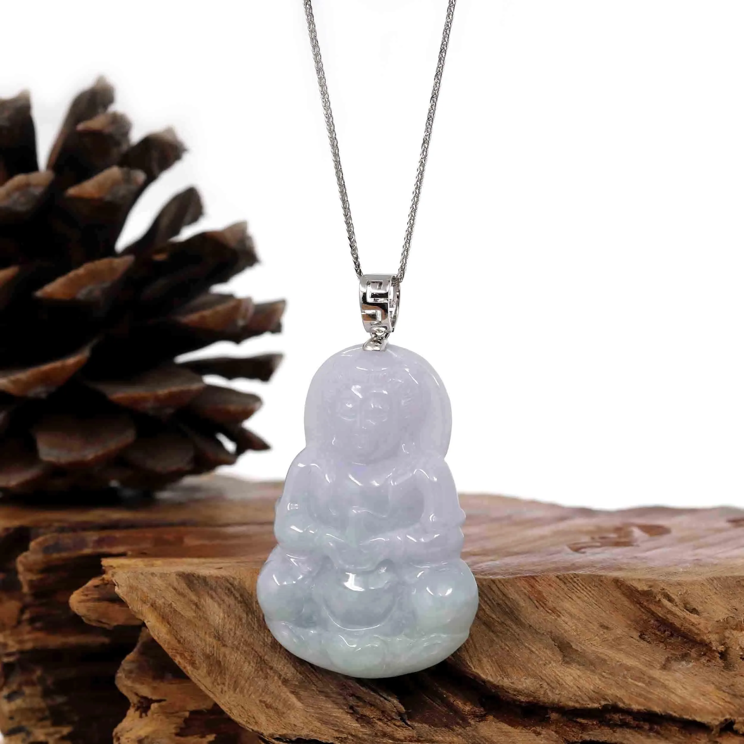 "Goddess of Compassion" Sterling Silver Genuine Burmese Jadeite Jade Guanyin Necklace With Good Luck Design