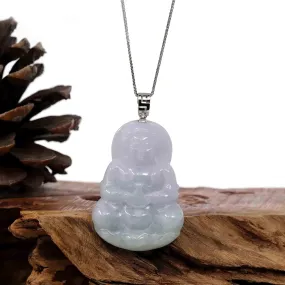 "Goddess of Compassion" Sterling Silver Genuine Burmese Jadeite Jade Guanyin Necklace With Good Luck Design