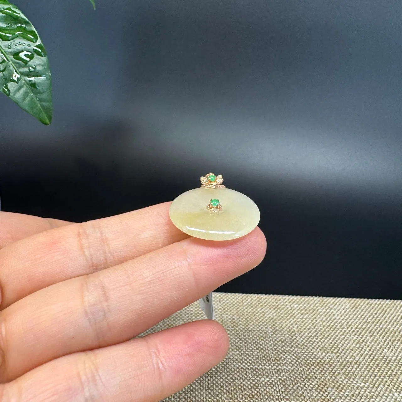 "Good Luck Button" Icy Yellow Jadeite Jade Lucky KouKou Pendant With 18K Yellow Gold Bail