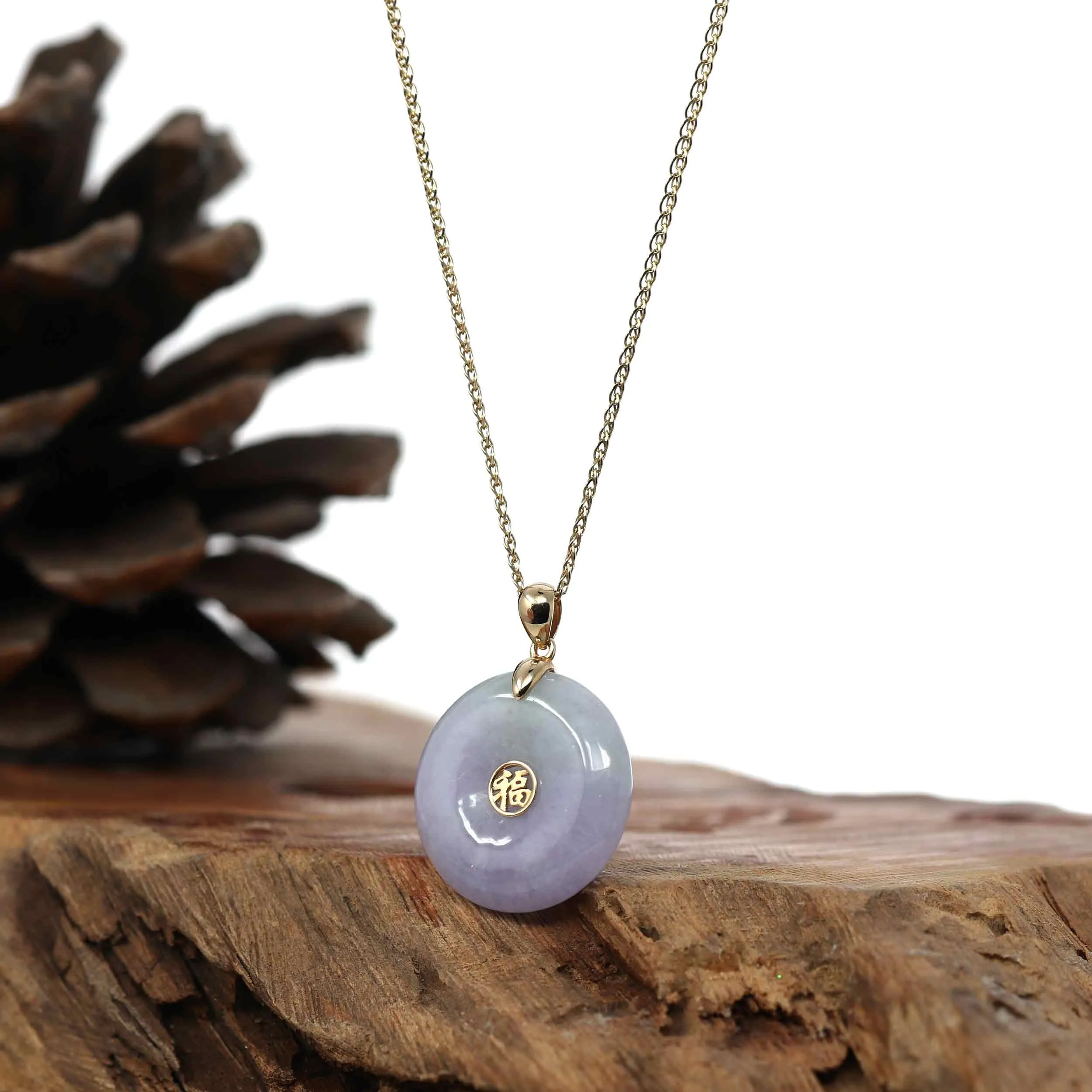 "Good Luck Button" Lavender & Green Jadeite Jade Lucky KouKou Pendant With 14K Yellow Gold Bail