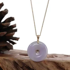 "Good Luck Button" Lavender Jadeite Jade Lucky KouKou Pendant Necklace With 14K Yellow Gold Diamond Bail