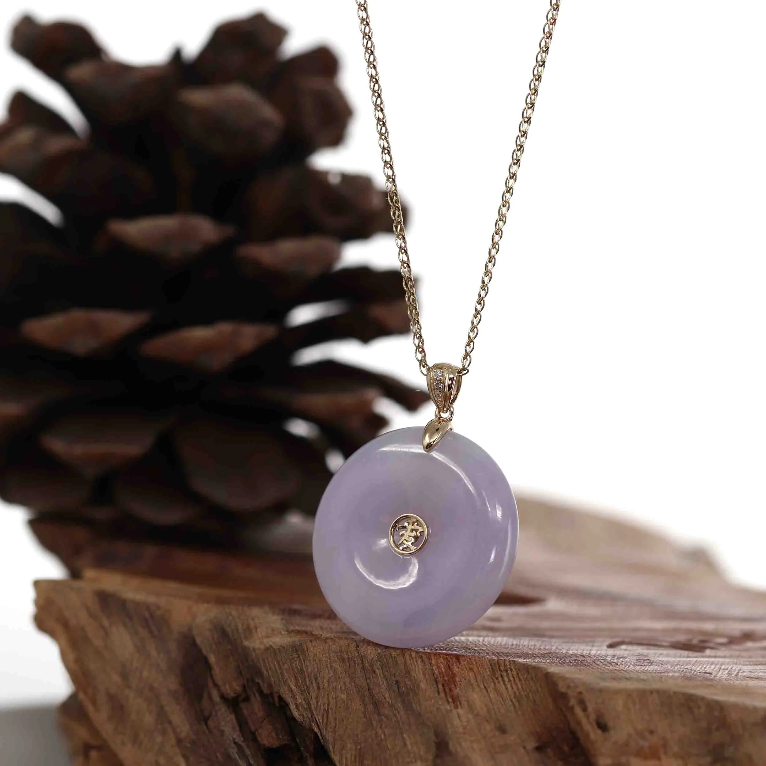 "Good Luck Button" Lavender Jadeite Jade Lucky KouKou Pendant Necklace With 14K Yellow Gold Diamond Bail