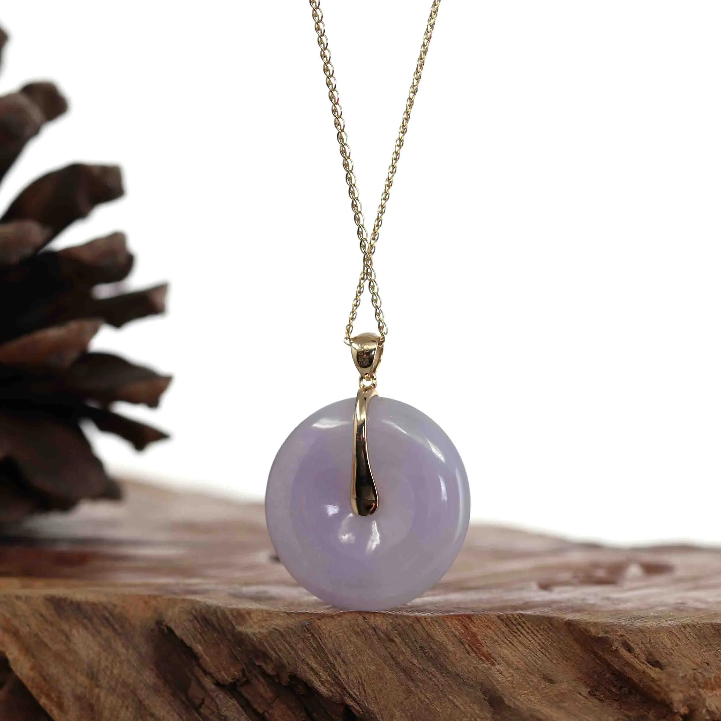 "Good Luck Button" Lavender Jadeite Jade Lucky KouKou Pendant Necklace With 14K Yellow Gold Diamond Bail