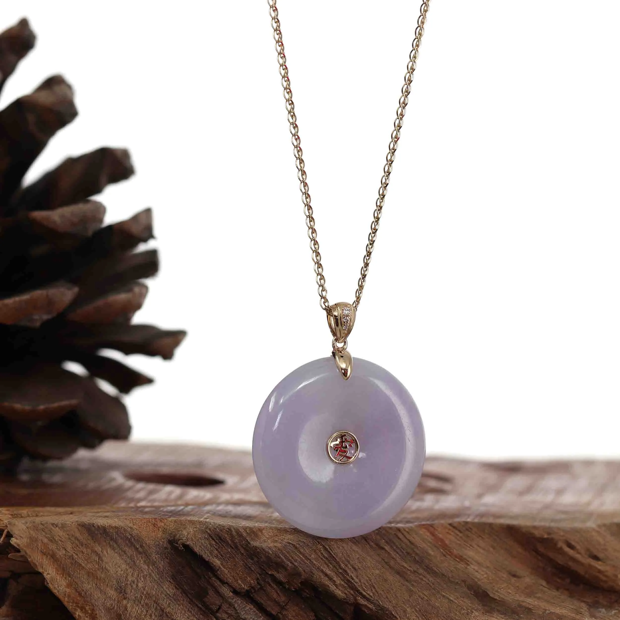 "Good Luck Button" Lavender Jadeite Jade Lucky KouKou Pendant Necklace With 14K Yellow Gold Diamond Bail