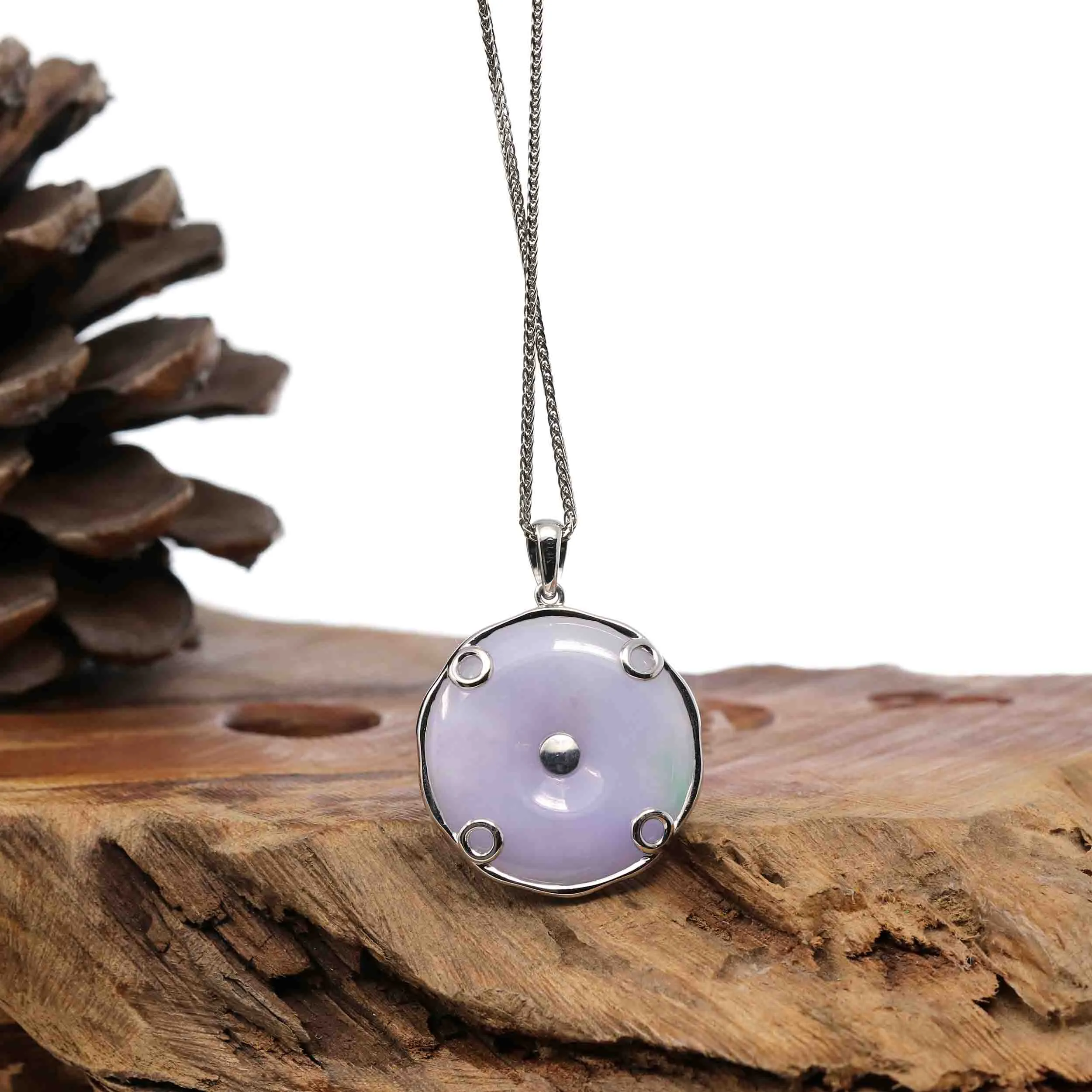 "Good Luck Button" Lavender Jadeite Jade Lucky KouKou Pendant With 14K White Gold Diamond Bail