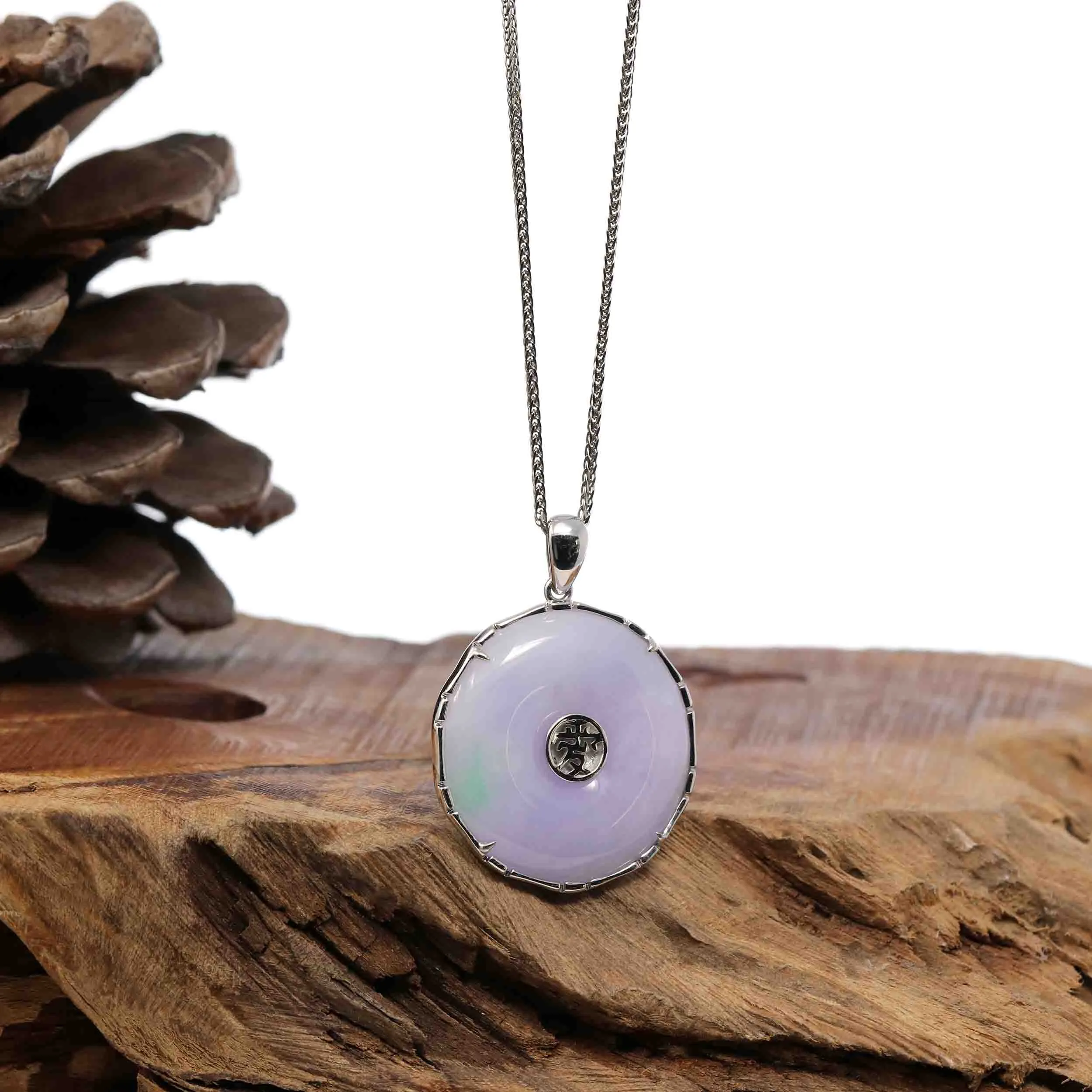 "Good Luck Button" Lavender Jadeite Jade Lucky KouKou Pendant With 14K White Gold Diamond Bail