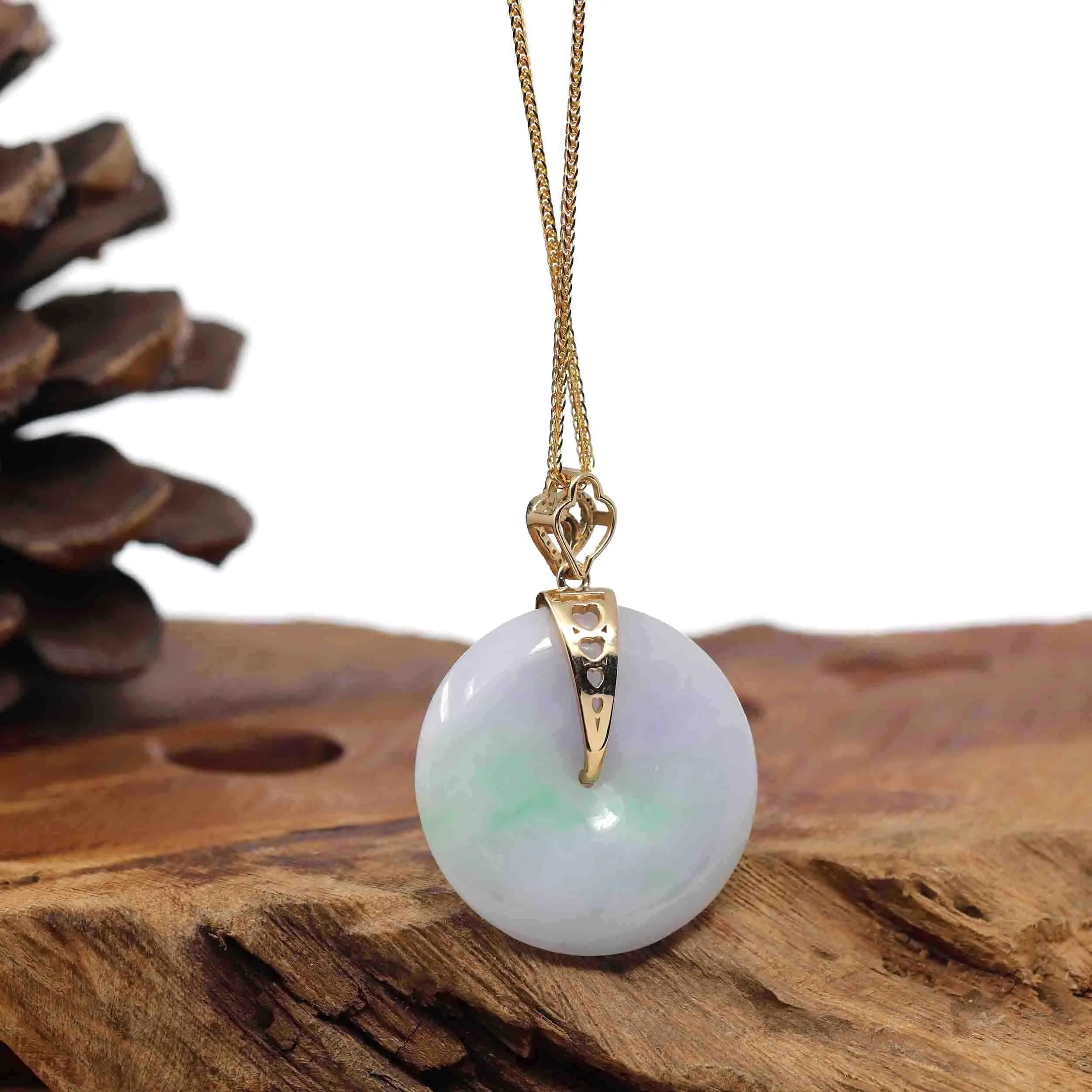 "Good Luck Button" Lavender Jadeite Jade Lucky KouKou Pendant With 14K Yellow Gold Diamond Bail