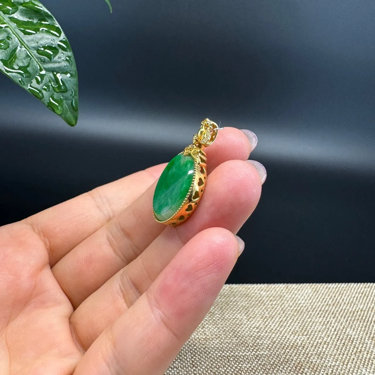 "Good Luck Button"Green Jadeite Jade Lucky KouKou Pendant With 18K Yellow Gold  Bail