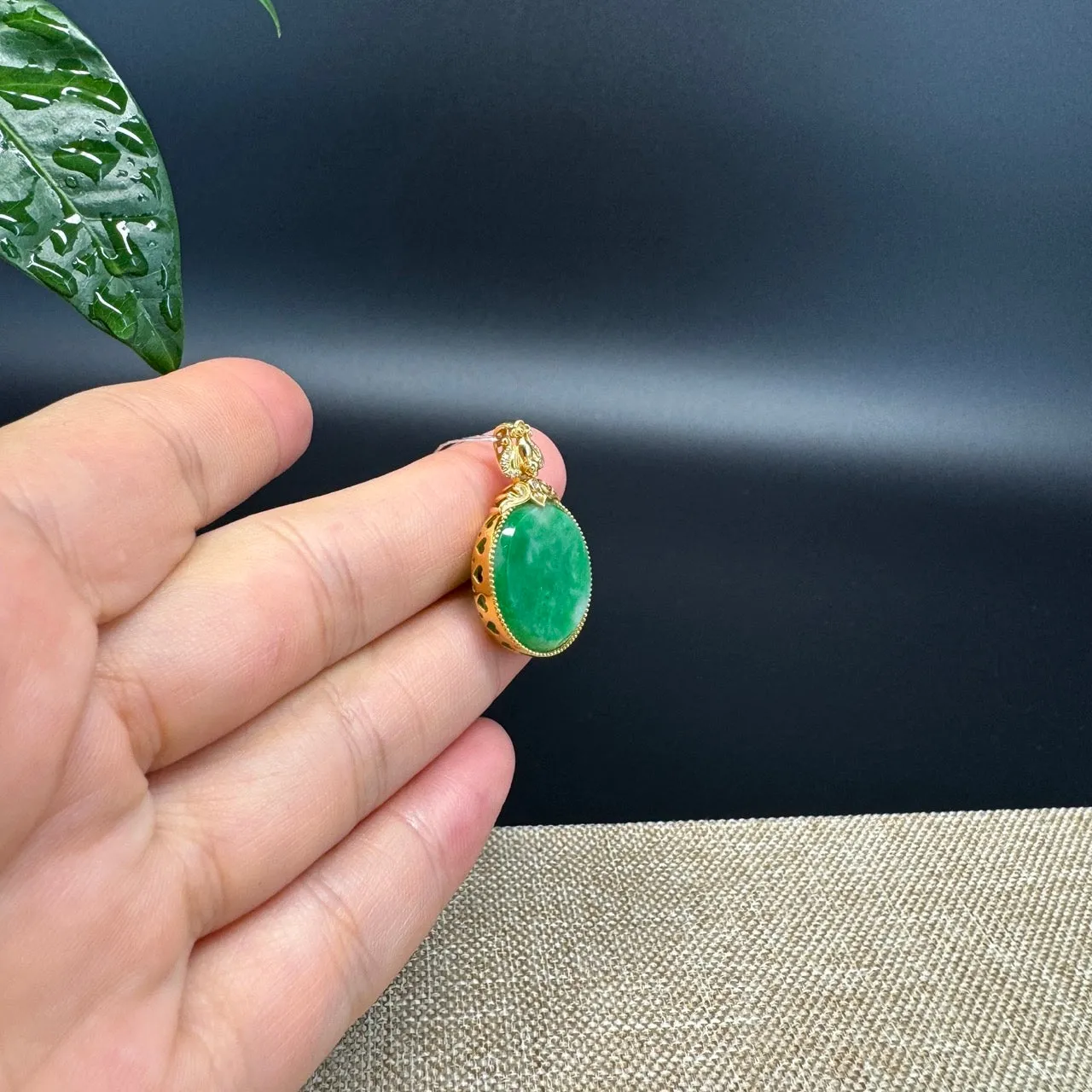 "Good Luck Button"Green Jadeite Jade Lucky KouKou Pendant With 18K Yellow Gold  Bail