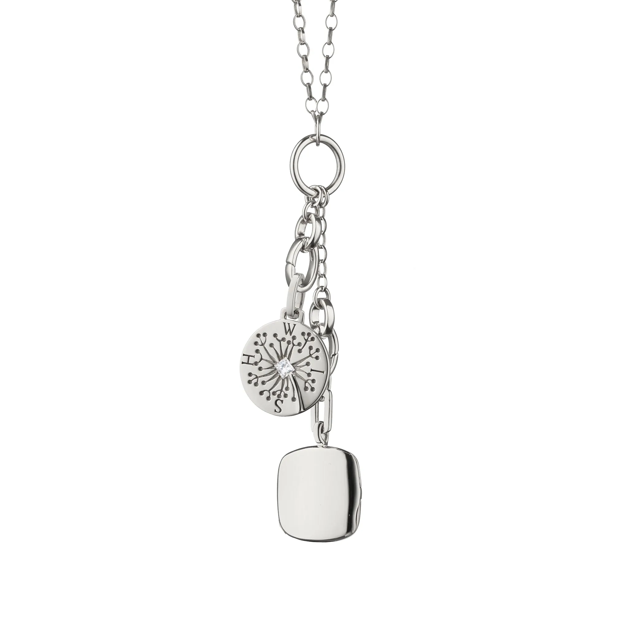 "Wish" Dandelion Intaglio Charm and "Viv" Cushion Locket Silver Charm Necklace