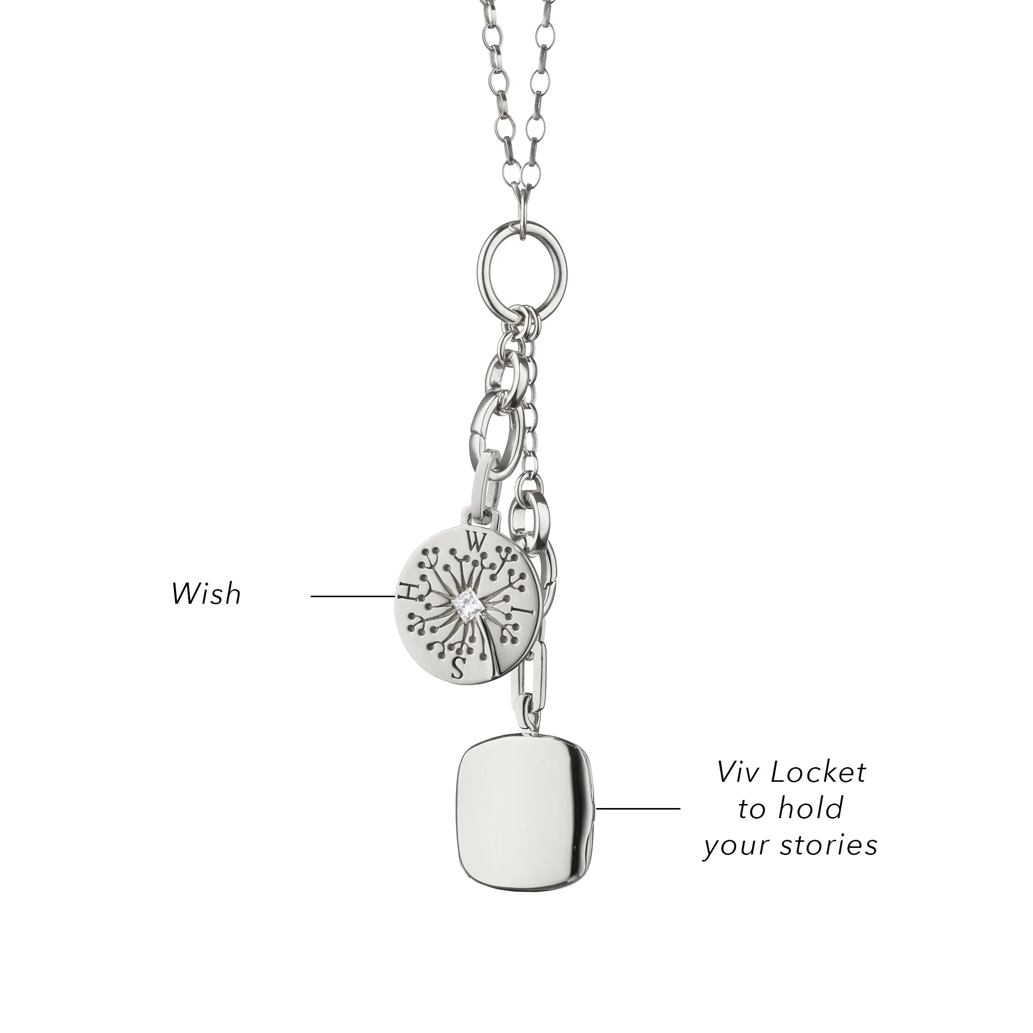 "Wish" Dandelion Intaglio Charm and "Viv" Cushion Locket Silver Charm Necklace