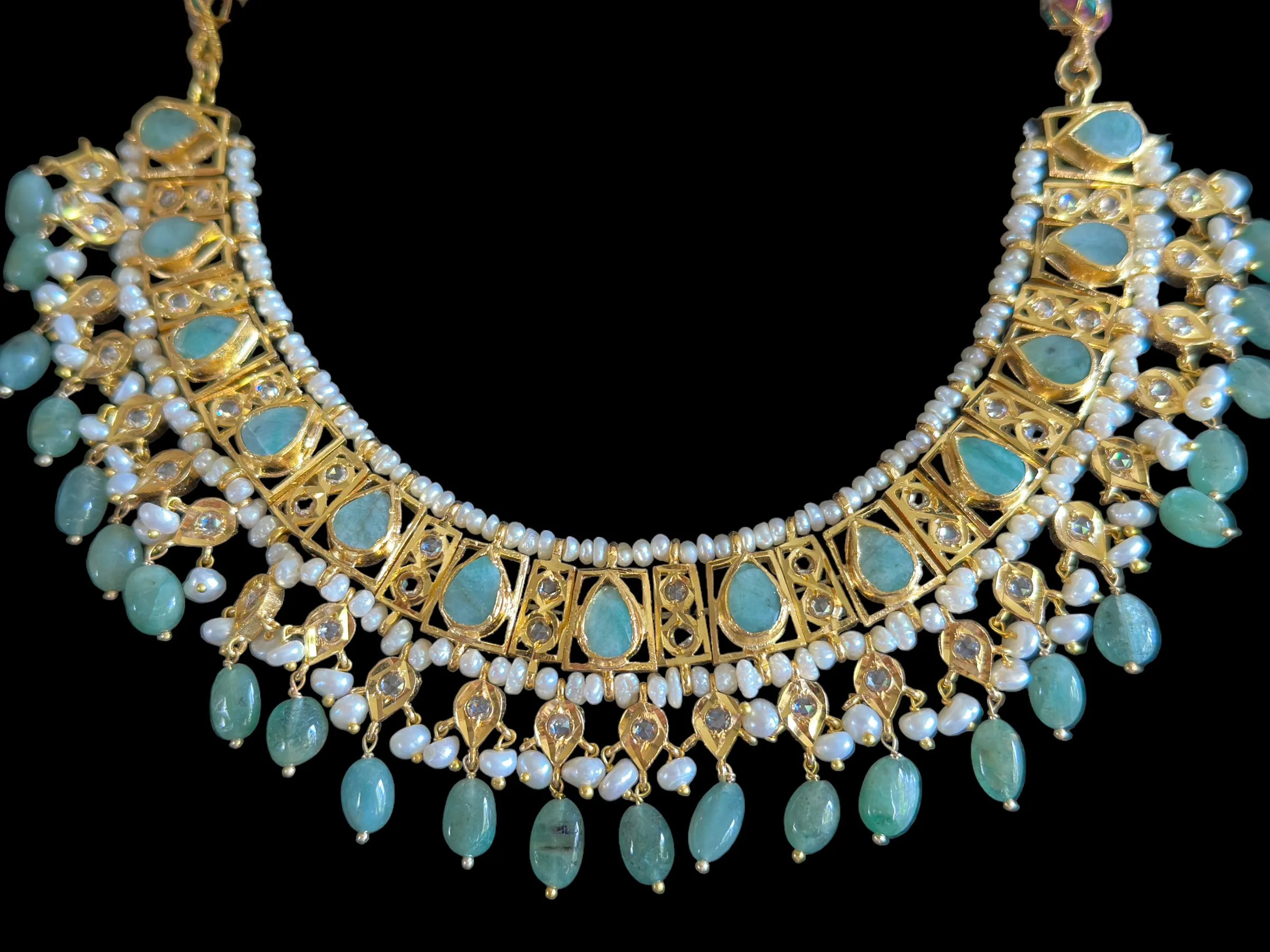 RAKIBA gold plated silver necklace set in emerald  with fresh water pearls ( READY TO SHIP )