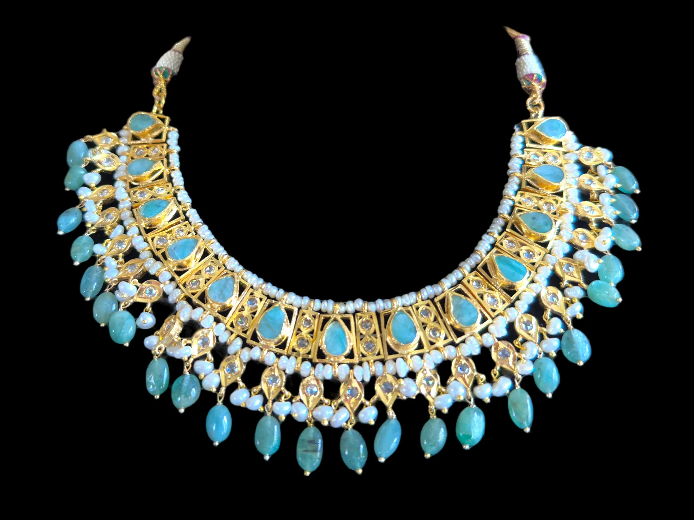 RAKIBA gold plated silver necklace set in emerald  with fresh water pearls ( READY TO SHIP )