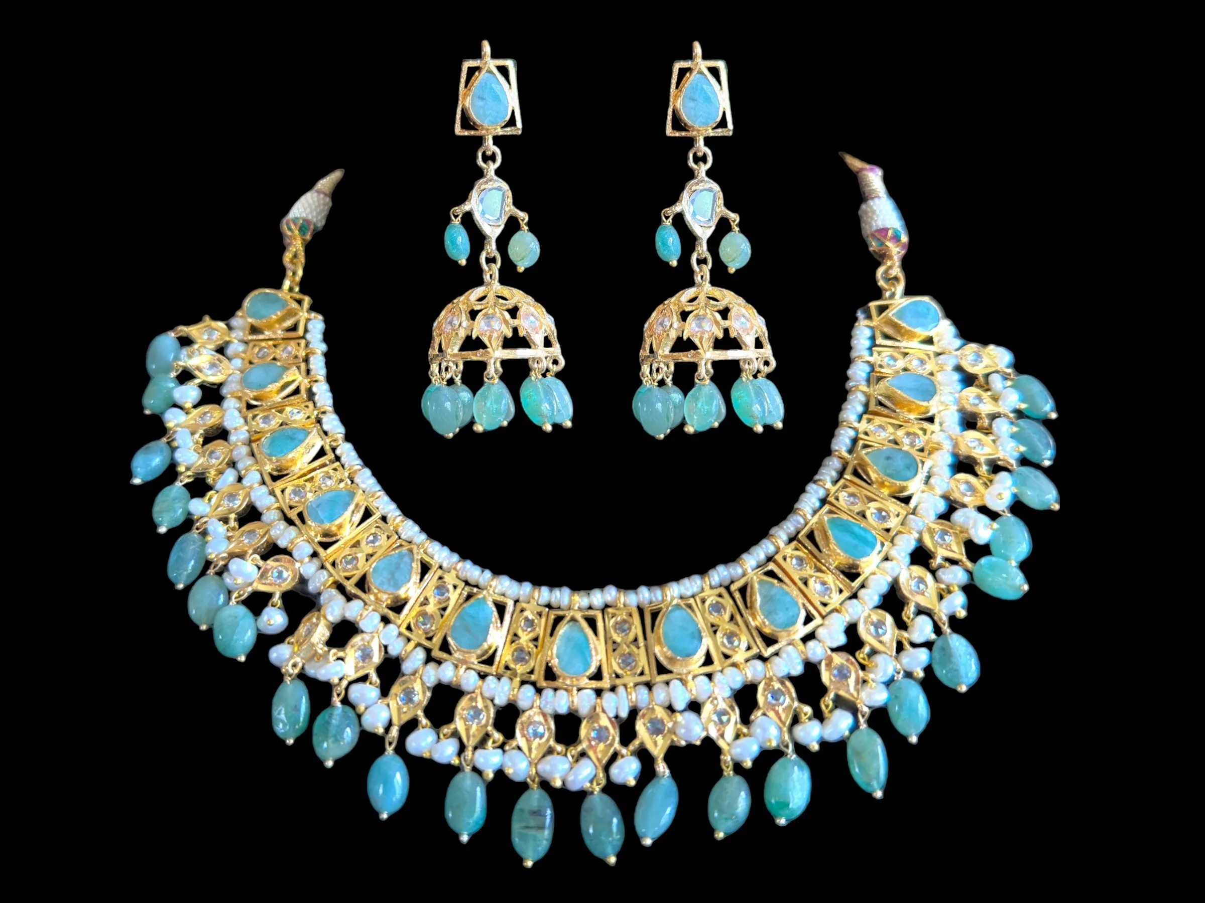 RAKIBA gold plated silver necklace set in emerald  with fresh water pearls ( READY TO SHIP )