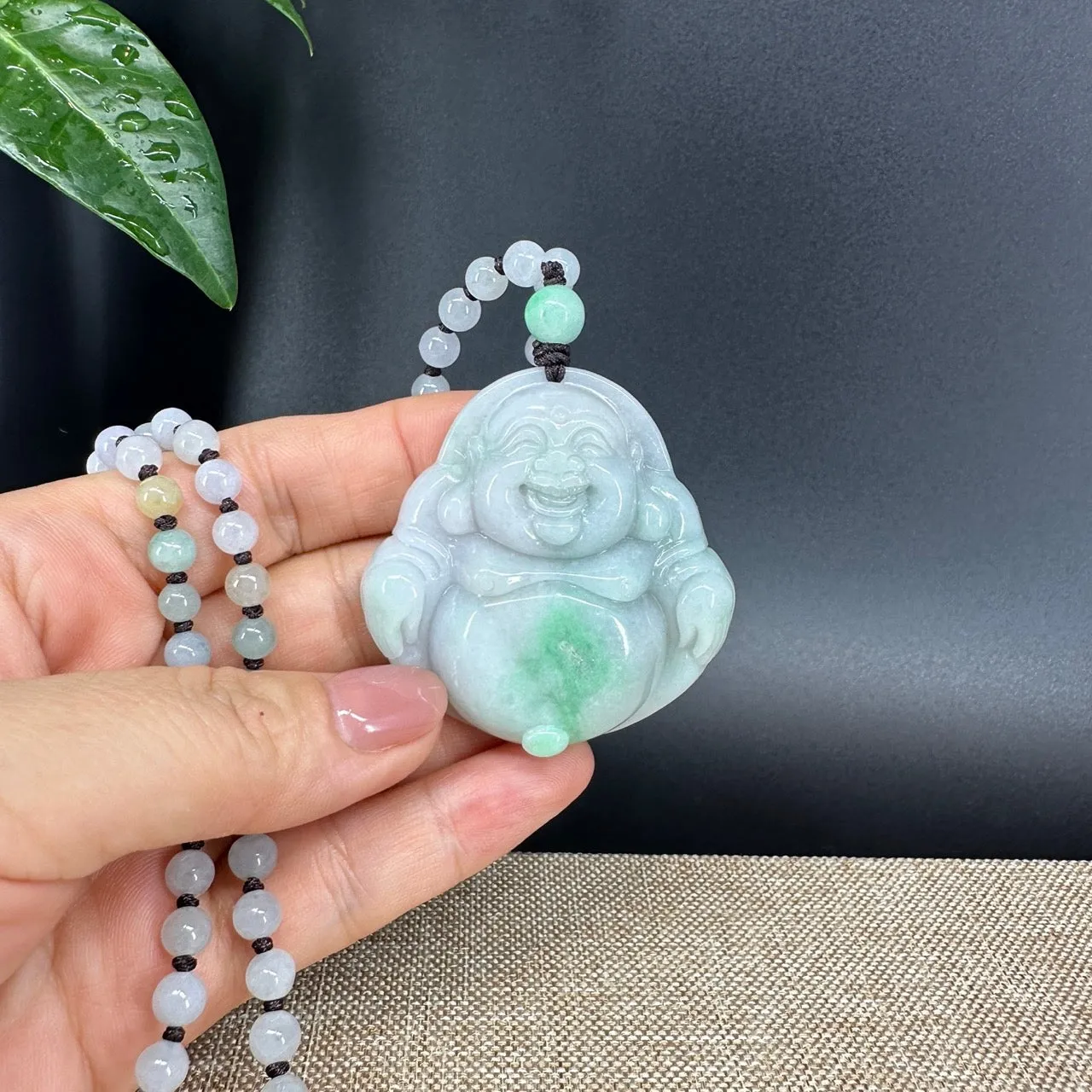 RealJade® Co.  Genuine Burmese Jadeite Jade White Green Happy Buddha  Pendant Necklace