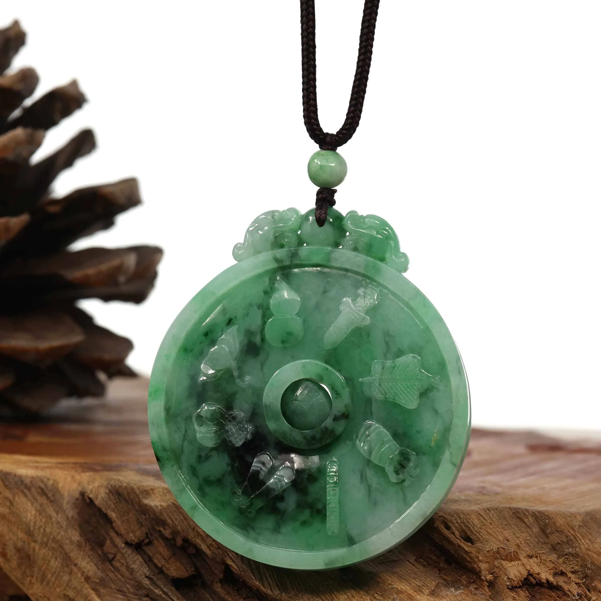 RealJade® Co. Genuine Green Jadeite Jade 8 Magic Weapon and 12 Chinese Zodiac Pendant Necklace