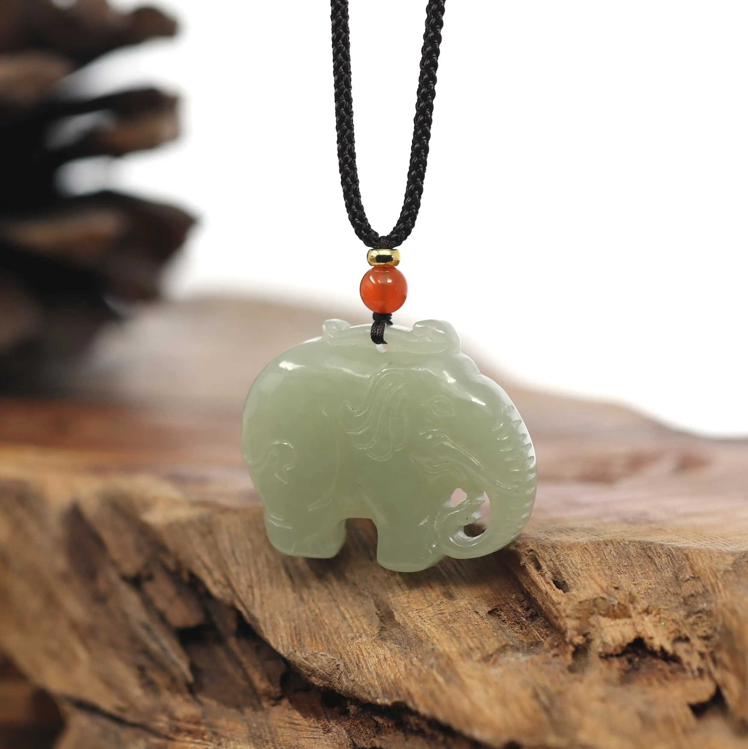 RealJade® Co. Genuine HeTian Nephrite Jade Elephant Carving Pendant Necklace With Natural Agat Bead