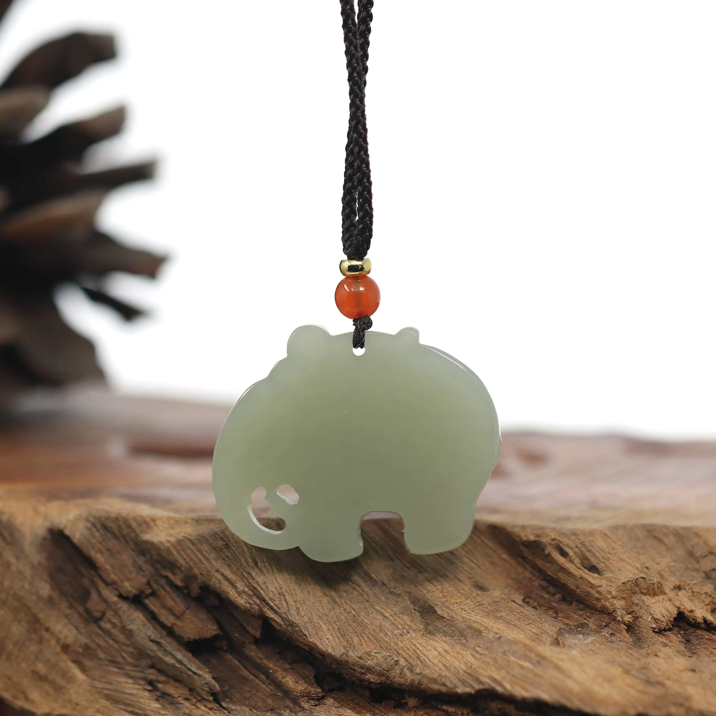 RealJade® Co. Genuine HeTian Nephrite Jade Elephant Carving Pendant Necklace With Natural Agat Bead