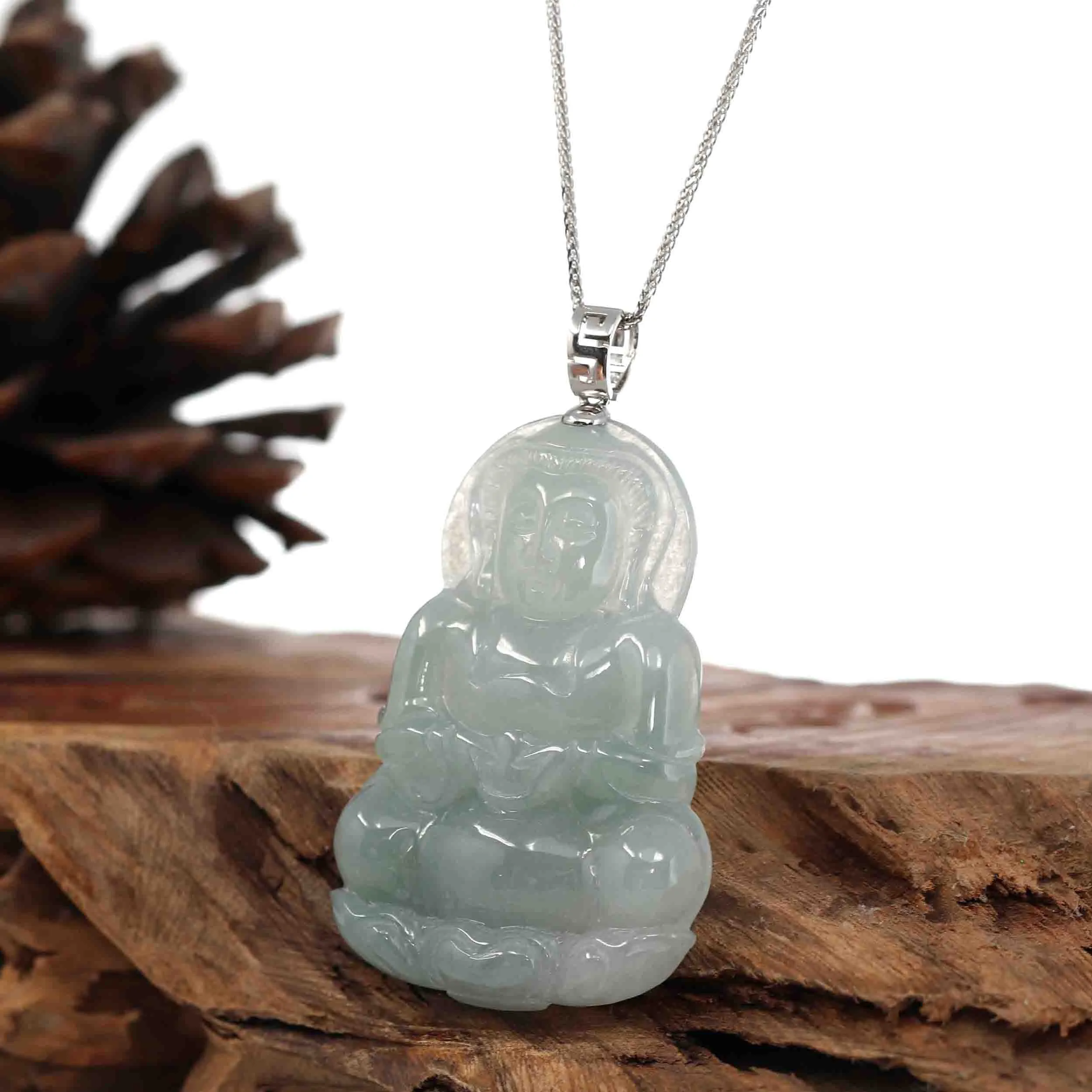 RealJade® Co. "Goddess of Compassion" Genuine Burmese Jadeite Jade Guanyin Necklace With Good Luck Design 14K Gold  Bail