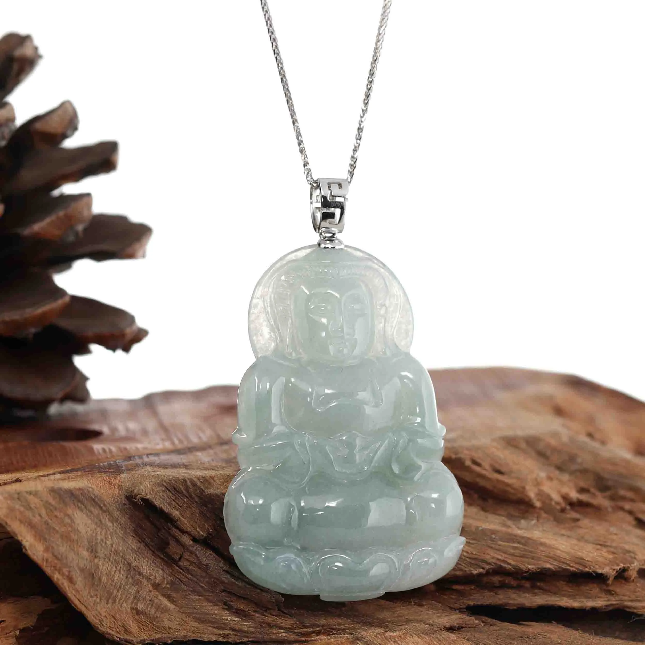 RealJade® Co. "Goddess of Compassion" Genuine Burmese Jadeite Jade Guanyin Necklace With Good Luck Design 14K Gold  Bail