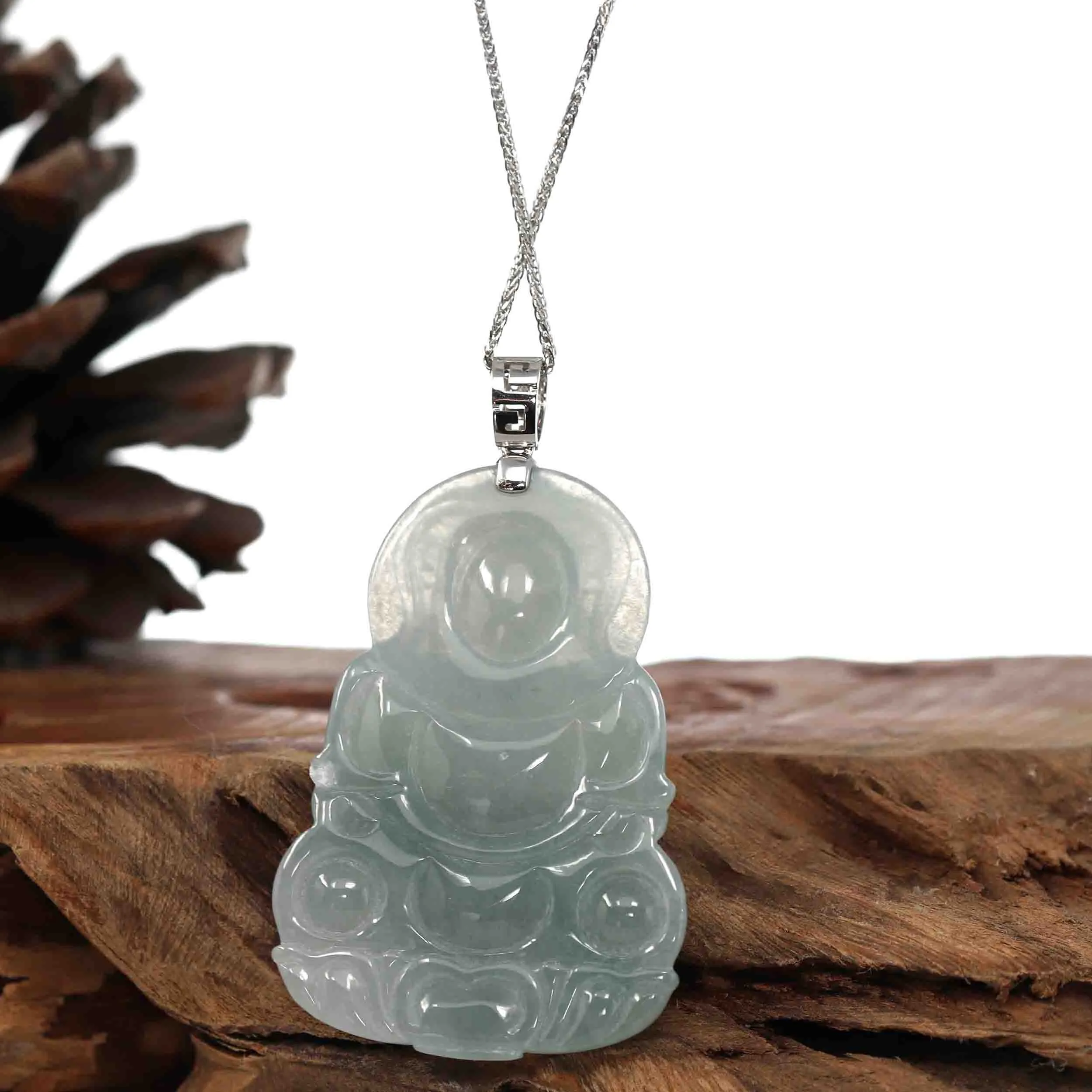 RealJade® Co. "Goddess of Compassion" Genuine Burmese Jadeite Jade Guanyin Necklace With Good Luck Design 14K Gold  Bail