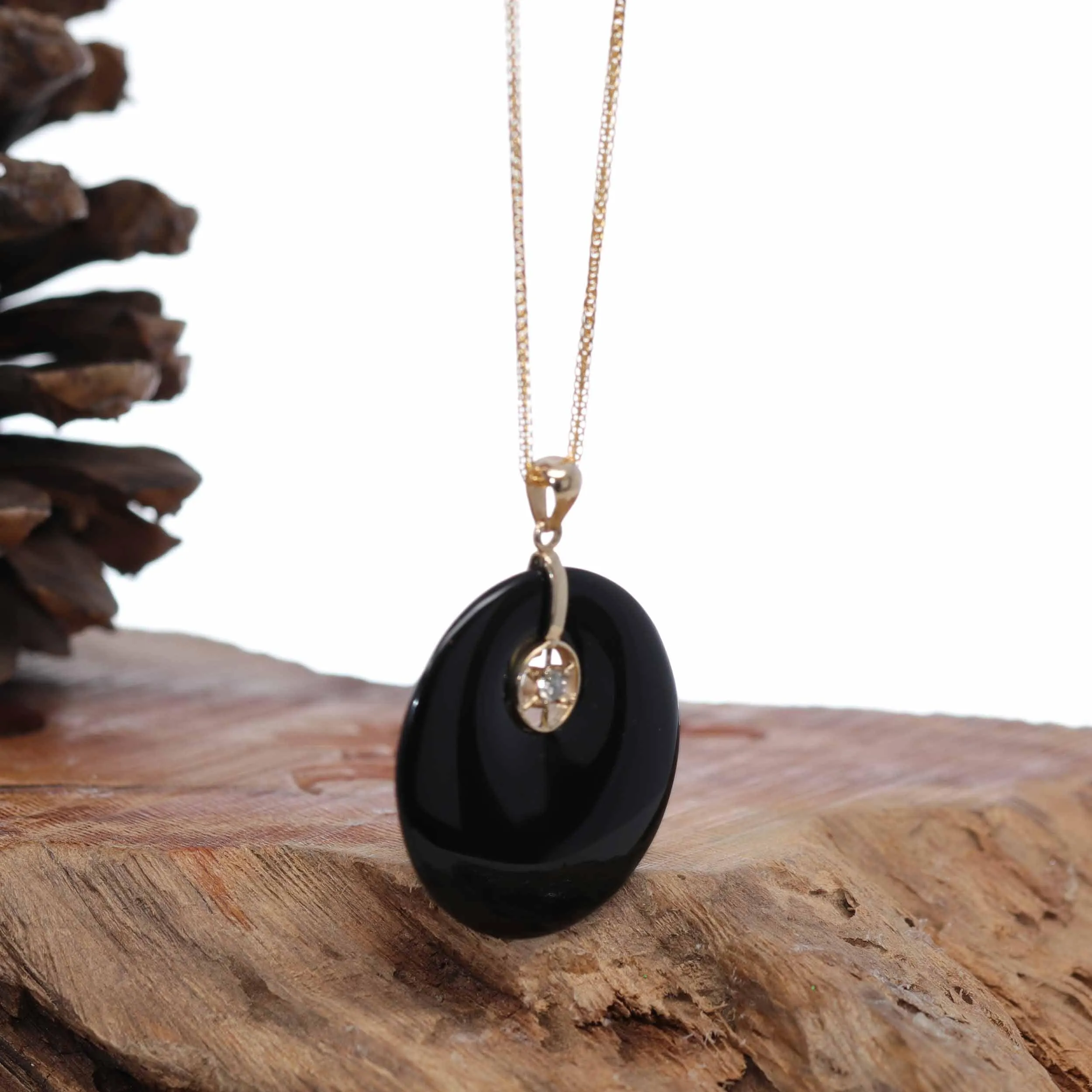 RealJade® Co. "Good Luck Button" Necklace Black Jadeite Jade Lucky KouKou Pendant Necklace