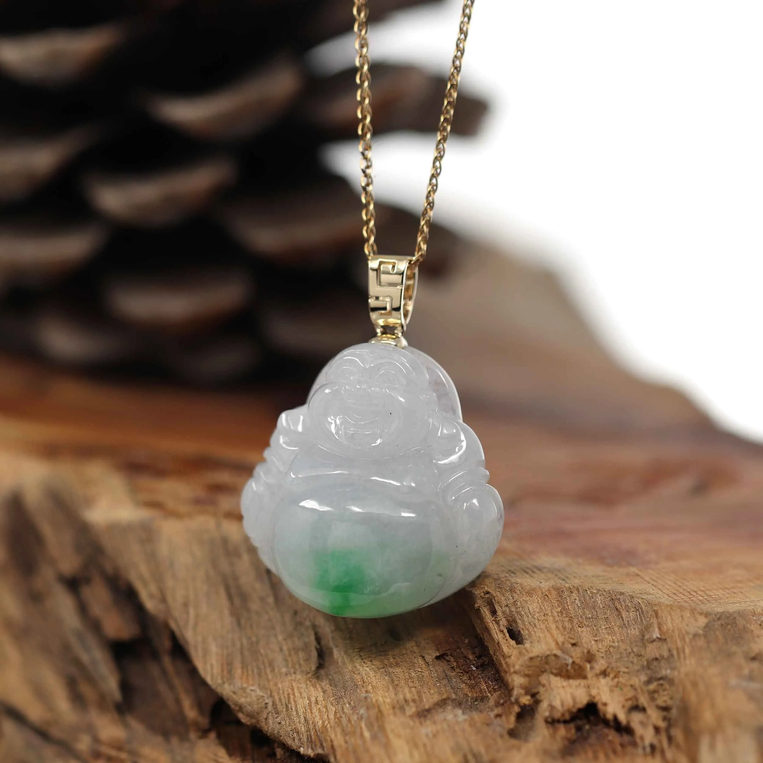 RealJade® Co. "Laughing Buddha" 14k Gold Genuine White Green Jadeite Jade