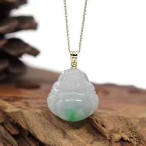 RealJade® Co. "Laughing Buddha" 14k Gold Genuine White Green Jadeite Jade