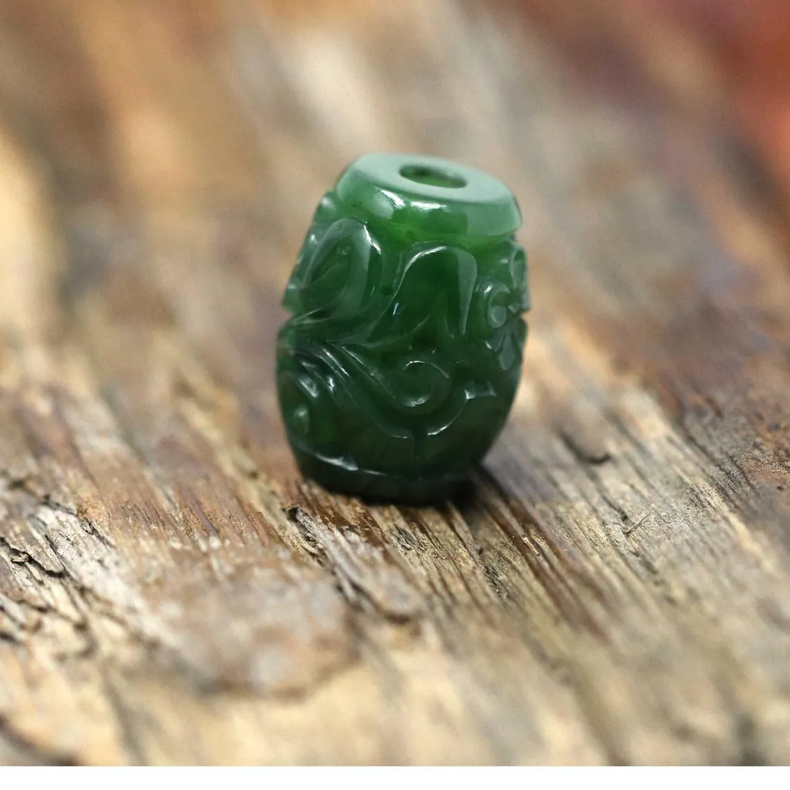 RealJade® "Good Luck Carving" Nephrite Green Jade Lucky Bead Pendant Necklace With Flower Pattern