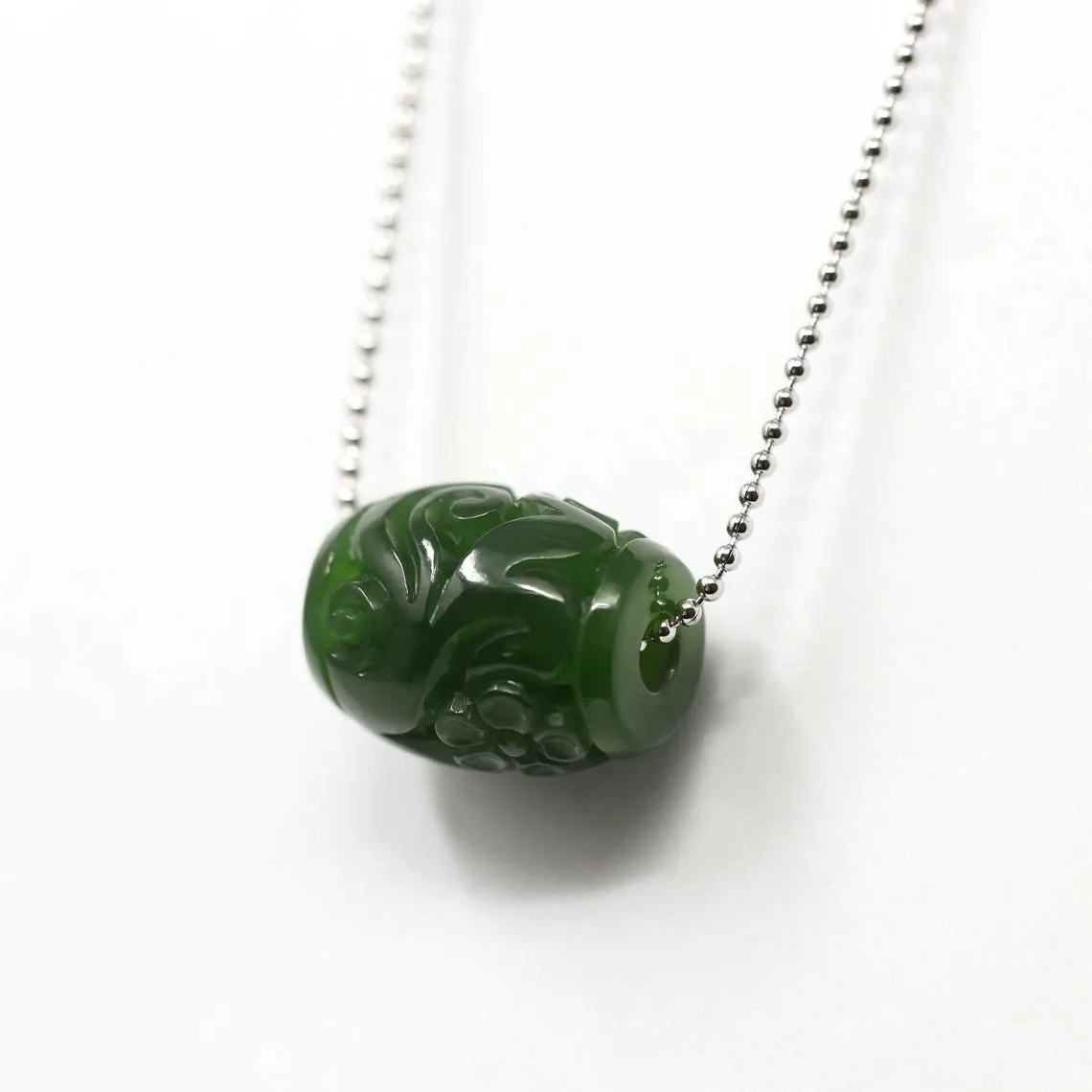 RealJade® "Good Luck Carving" Nephrite Green Jade Lucky Bead Pendant Necklace With Flower Pattern